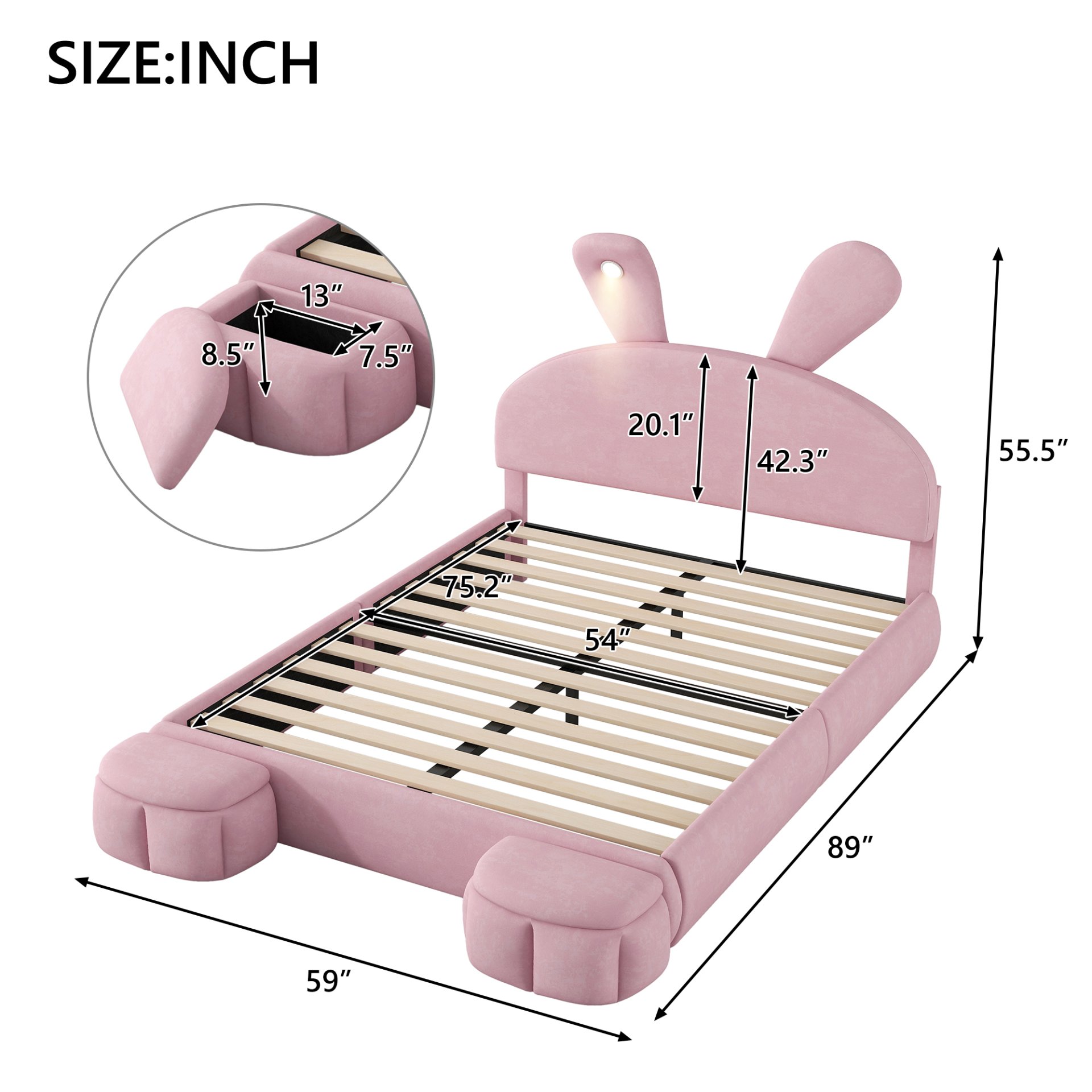 Full Size Upholstered Platform Bed With Cartoon Ears Headboard And Built In LED Light - Pink - Image 3
