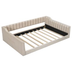 Full Long Upholstered Daybed With Side Storage And Tapered Legs - Beige