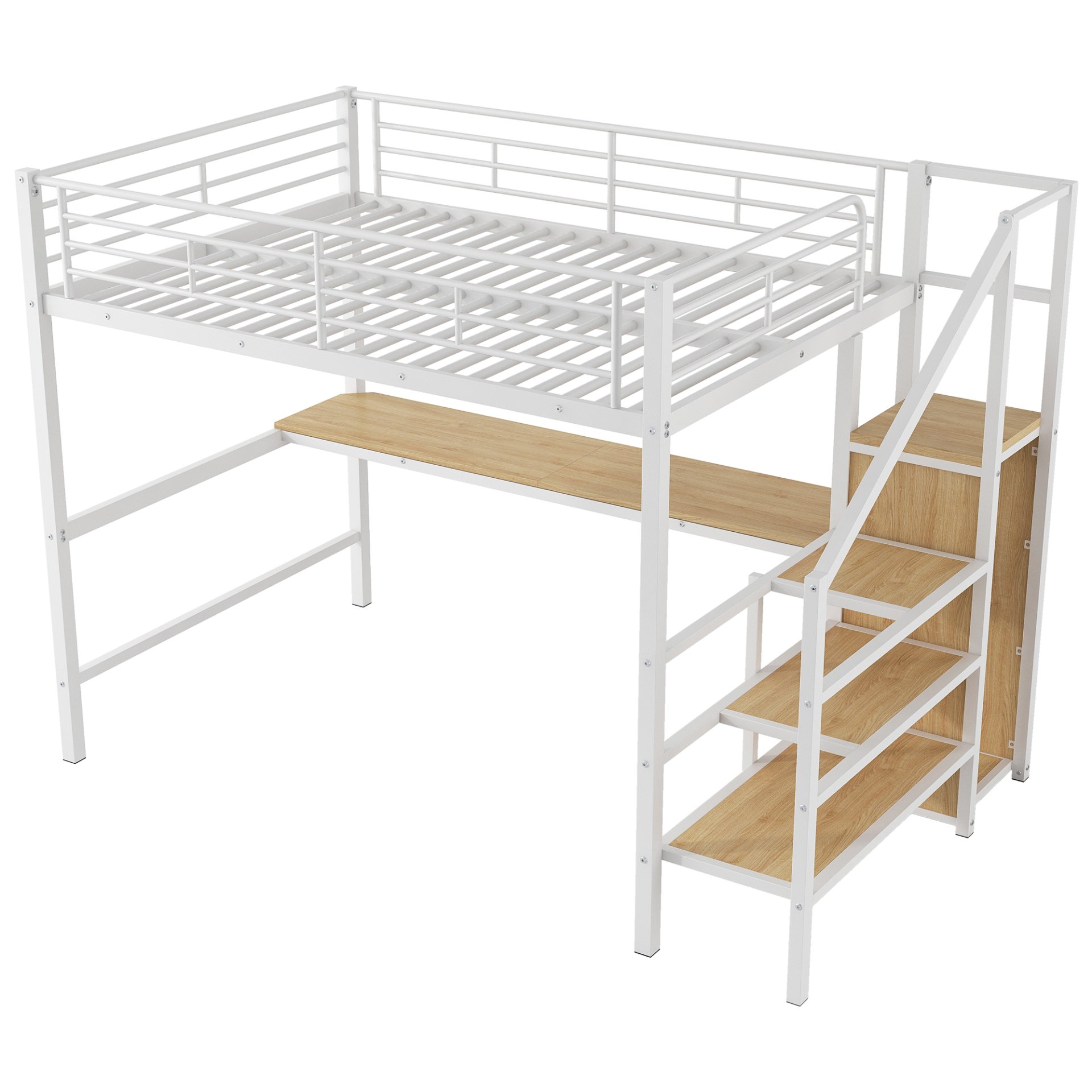 Full Size Loft Bed With Desk, Storage Staircase, Small Wardrobe And LED Light - White - Image 13