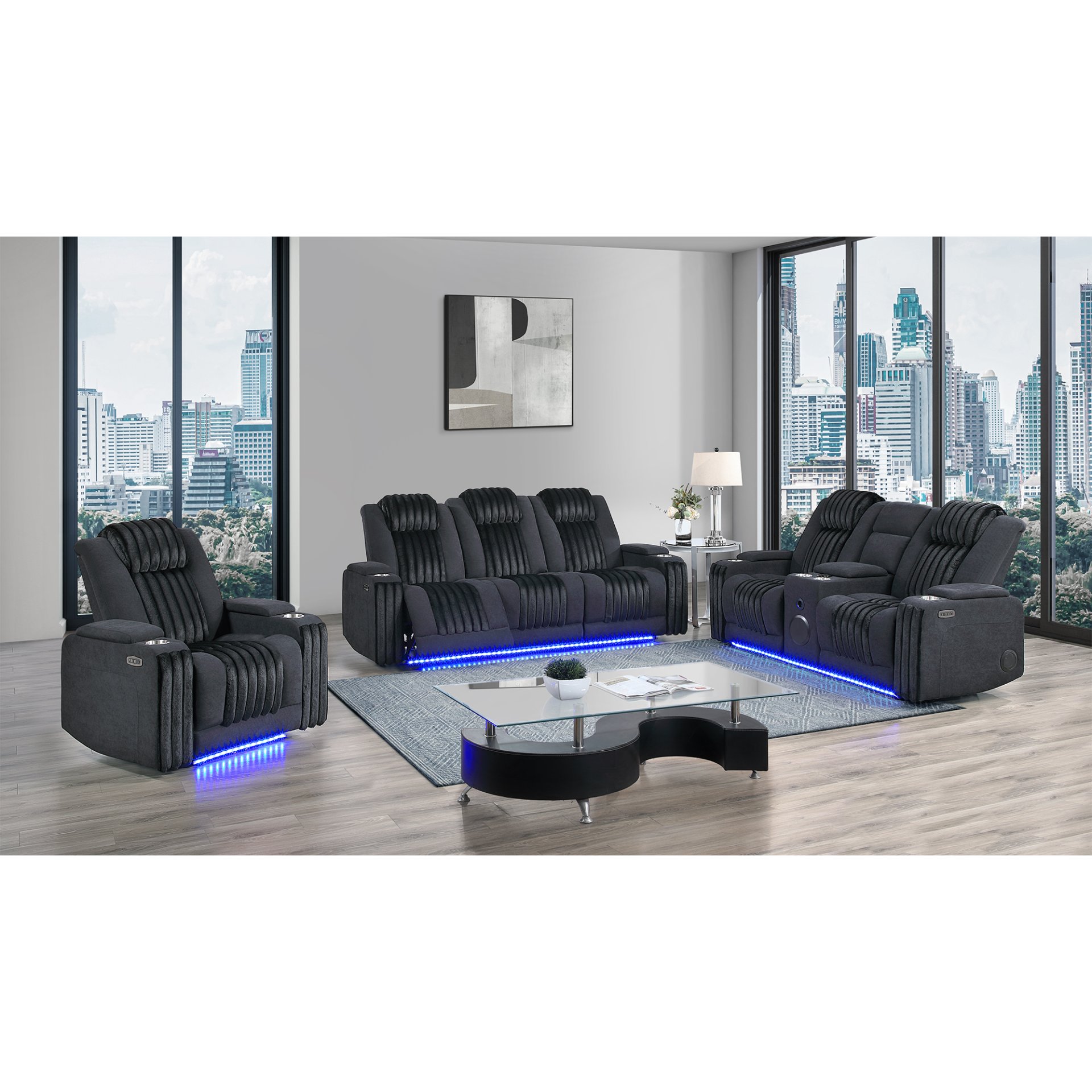 Duran - Power Reclining Loveseat, LED Light And Bluetooth Speaker - Black - Image 2