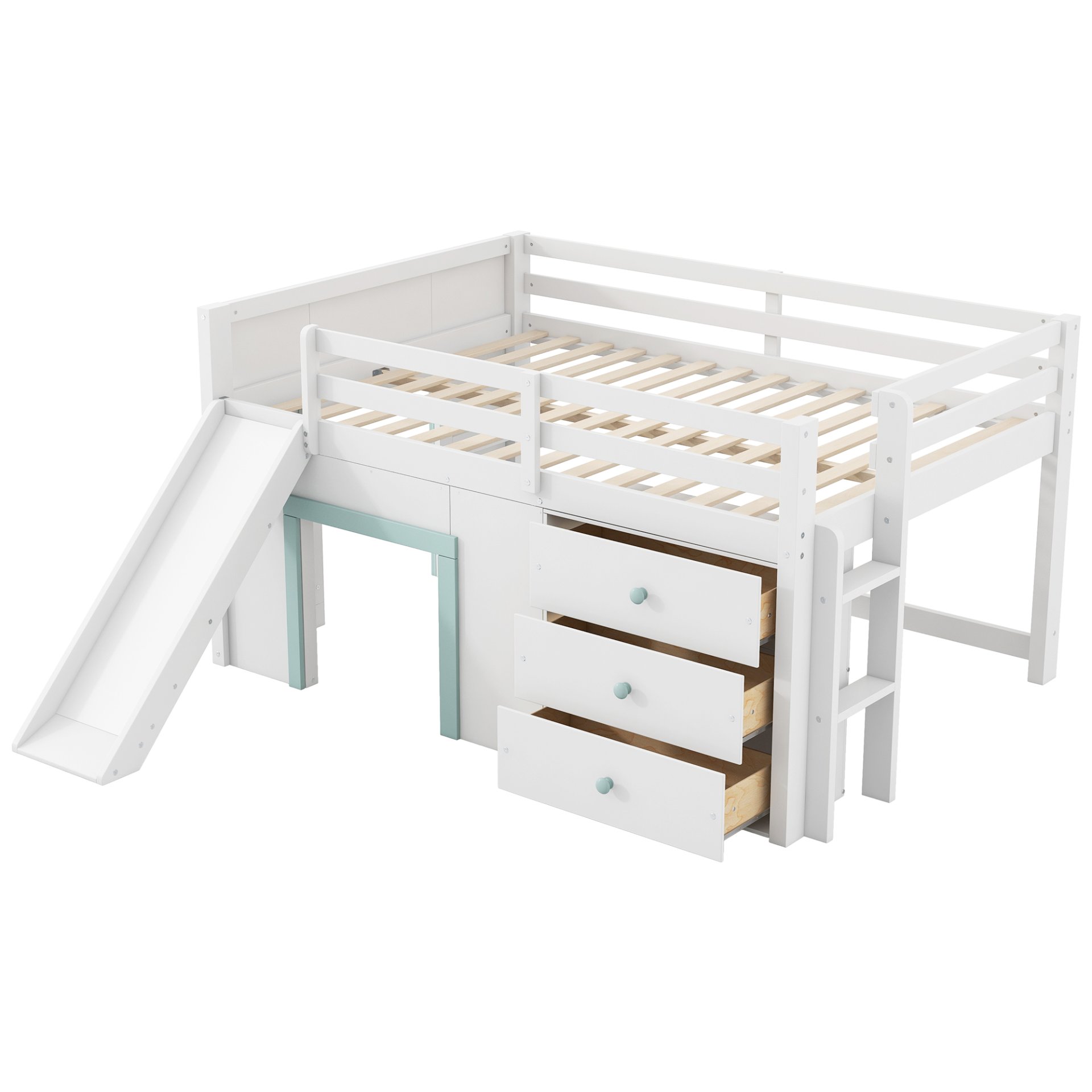 Full Size Low Loft Bed With Slide, Three Storage Drawers, And 2 Doors - White - Image 8