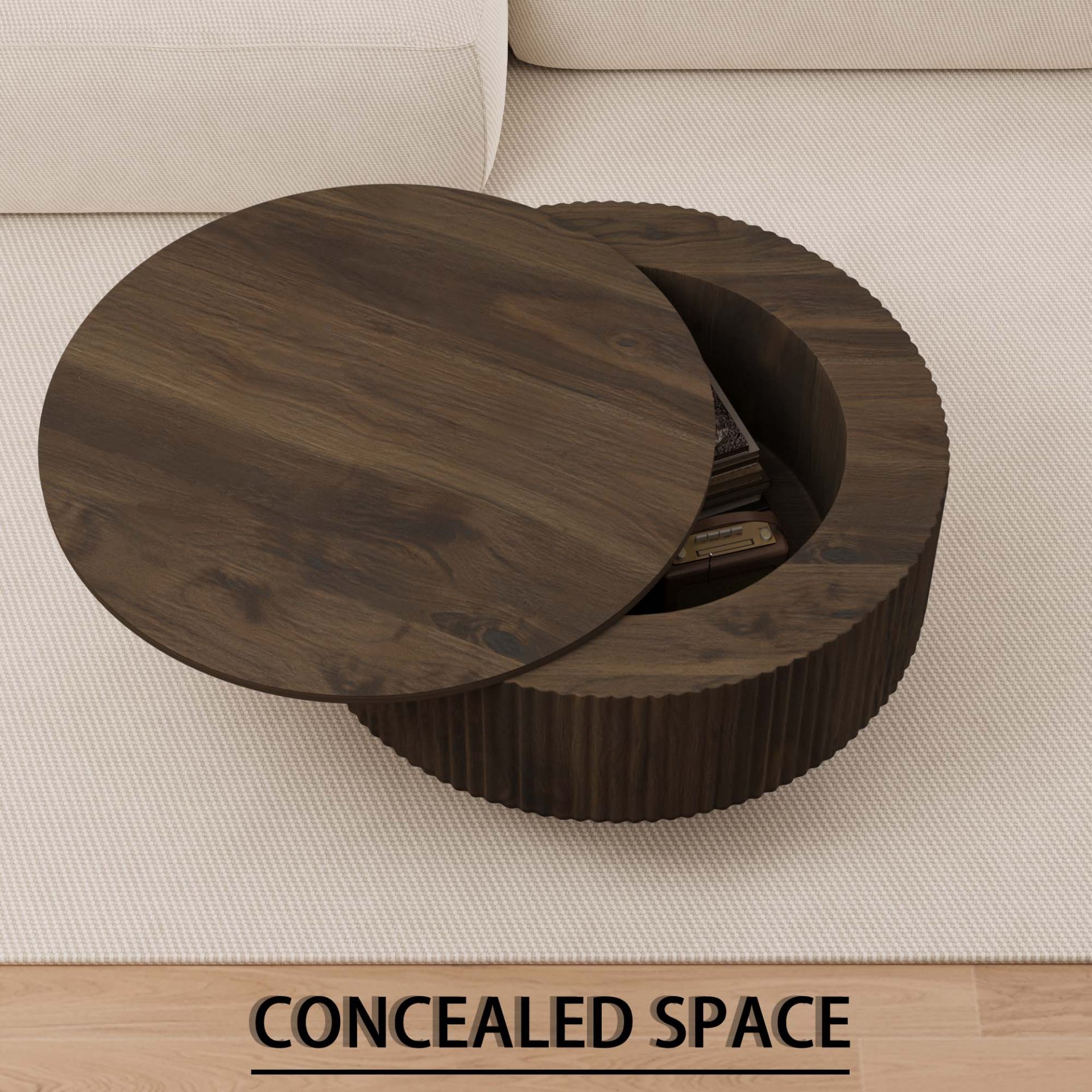 Circular Coffee Table With Stripe Design And Hidden Storage - Walnut - Image 10
