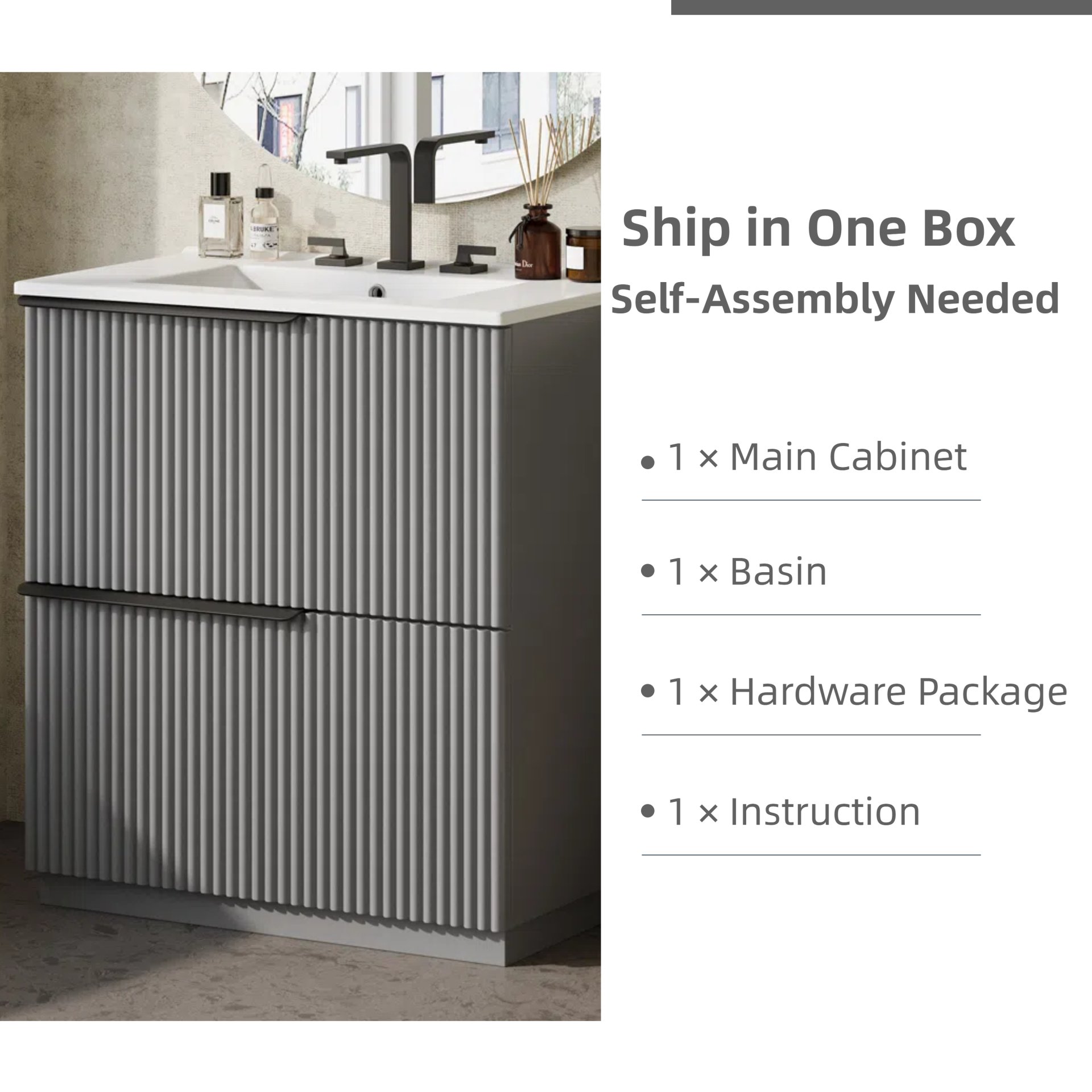 Fluted Bathroom Vanity With Sink, Full Extension Soft Close Drawers - Gray - Image 10