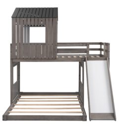 Twin Over Full Loft Bunk Bed With Playhouse, Farmhouse, Ladder, Slide And Guardrails - Antique Gray