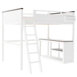 Queen Size Loft Bed With Desk, Open Shelf, Storage Box And USB Charging Station - White