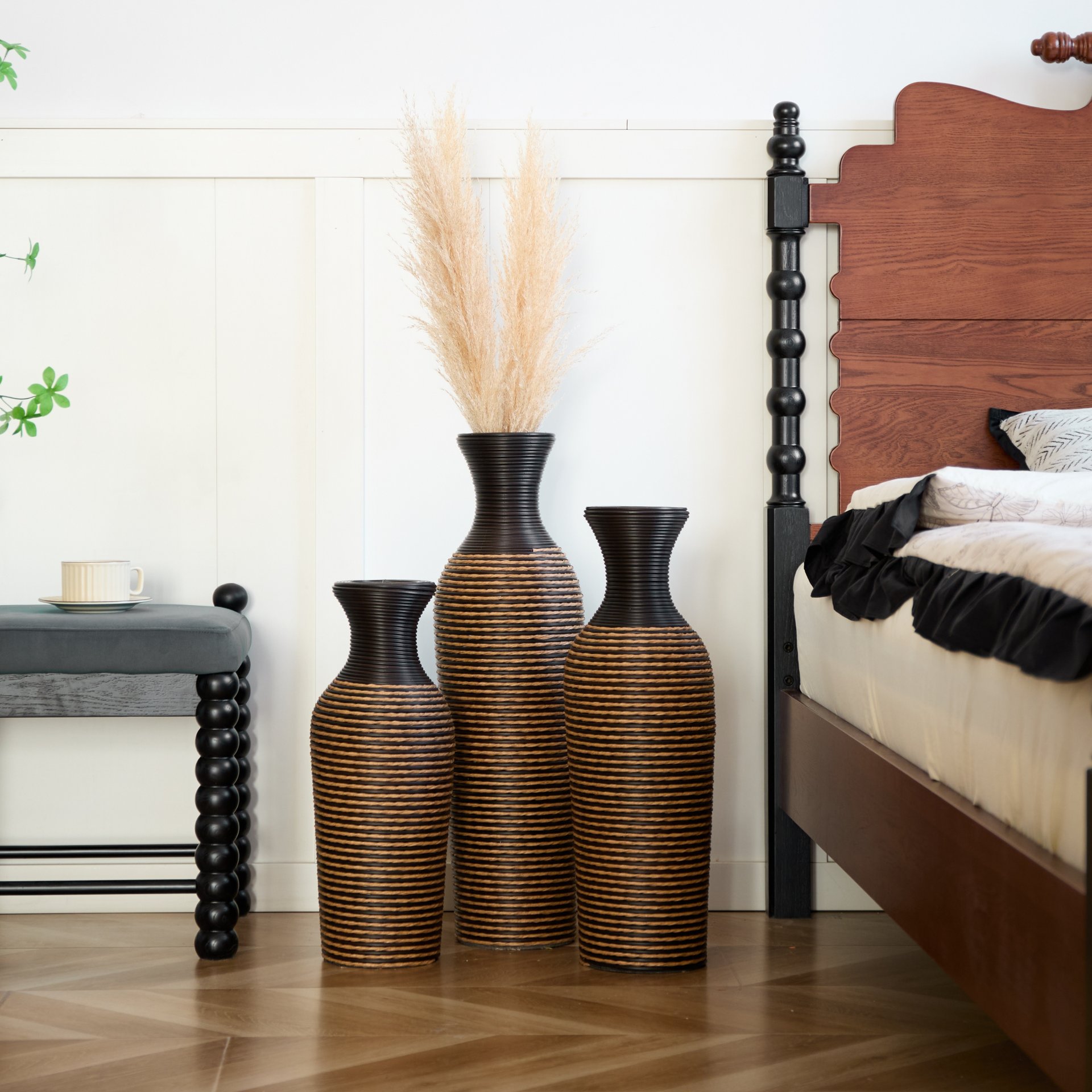 3 Piece Set Of Decorative Floor Vases, Classic And Neat Floor Vases With High Independent Flower Racks, Artificial Vine Vases, Home Decoration Flower Racks - Beige / Black - Image 2