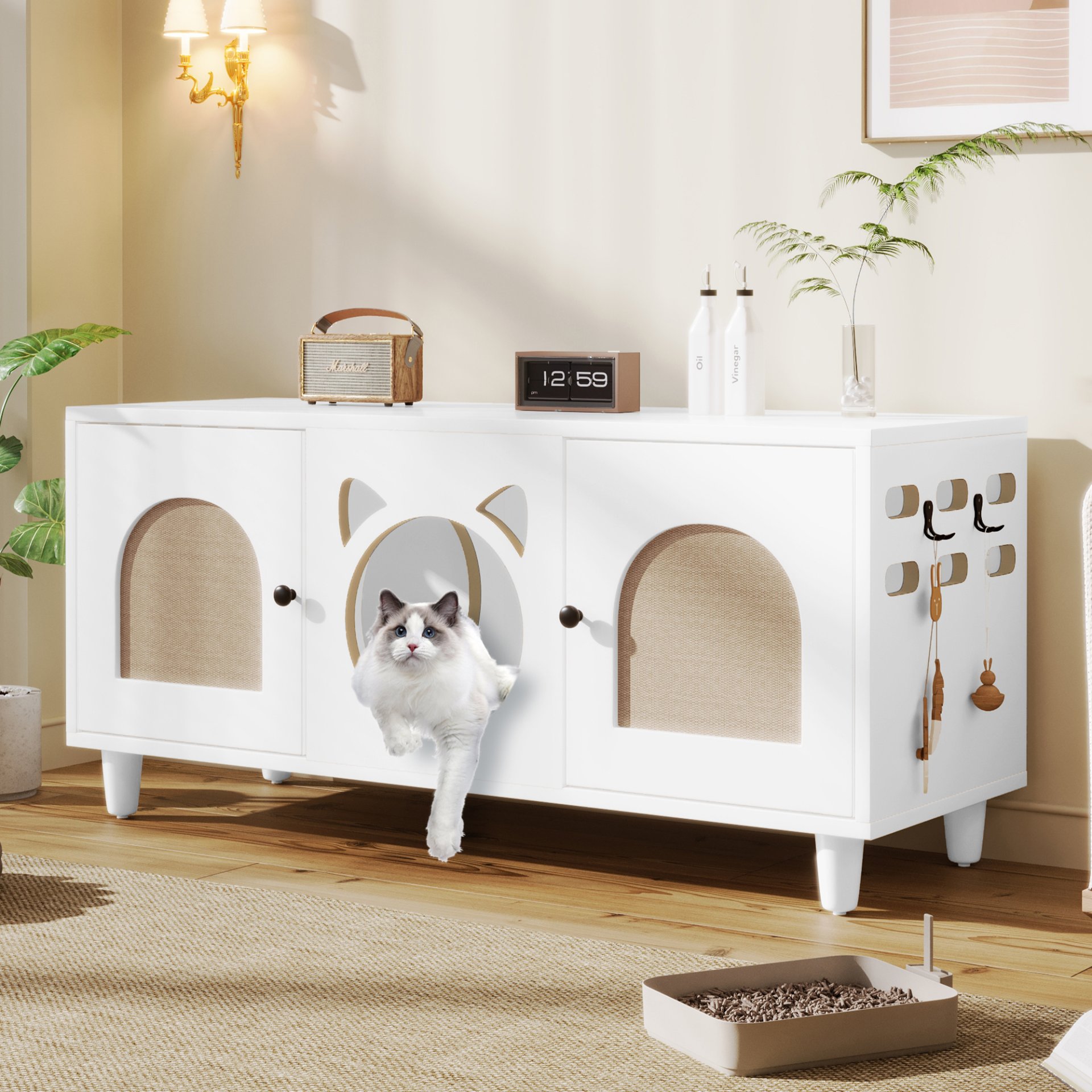 Furniture Style Cat Cabinet Cat Litter Box With Sisal Scratching Door - Cream White - Image 4