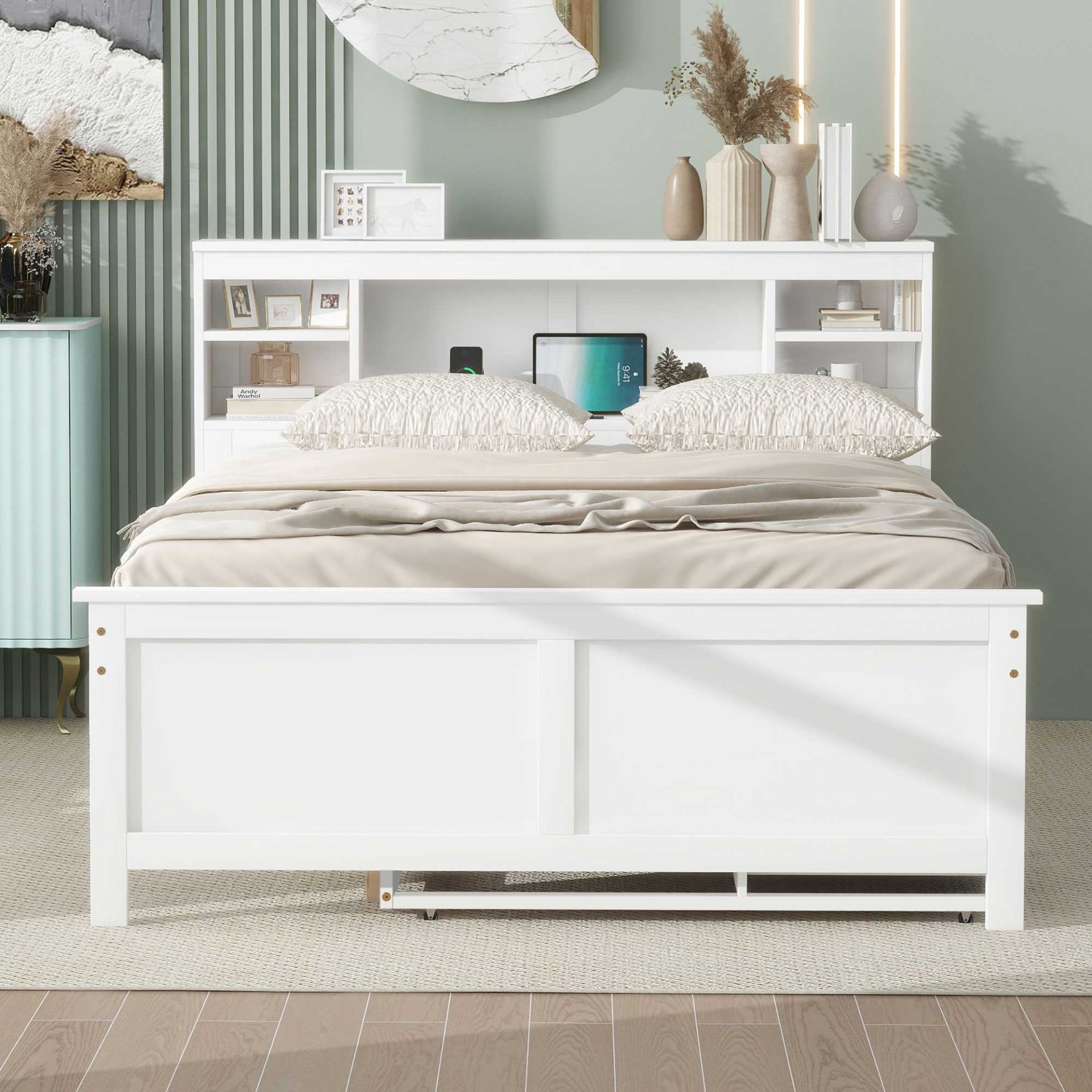 Full Size Platform Bed With Storage Headboard, USB Ports, Twin Trundle, 3 Drawers Construction - White - Image 5