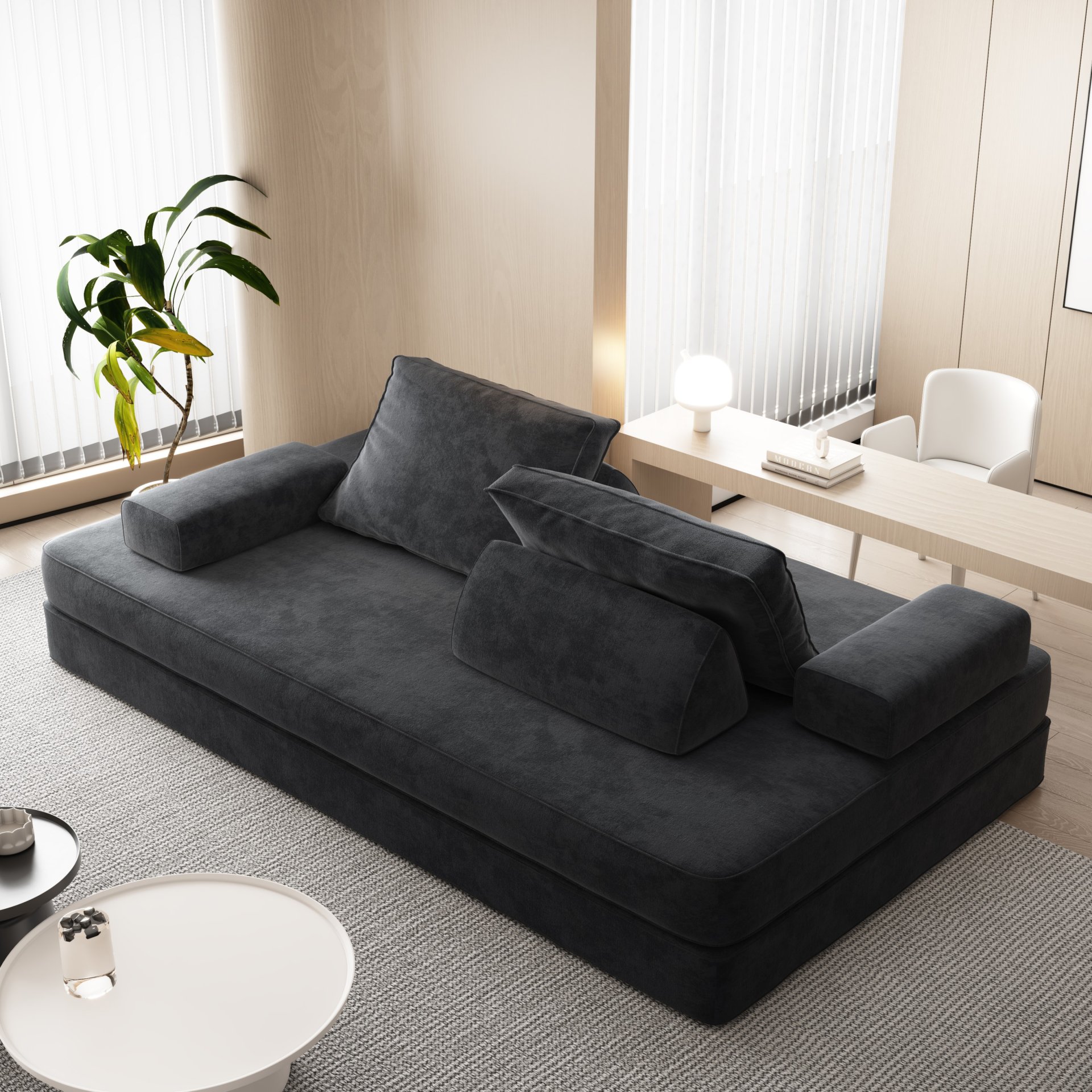 Multifunctional Convertible Sofa Bed With 2 Tumbler Backrests And 2 Pillows, Diy Modern Upholstered Couch - Dark Gray - Image 11