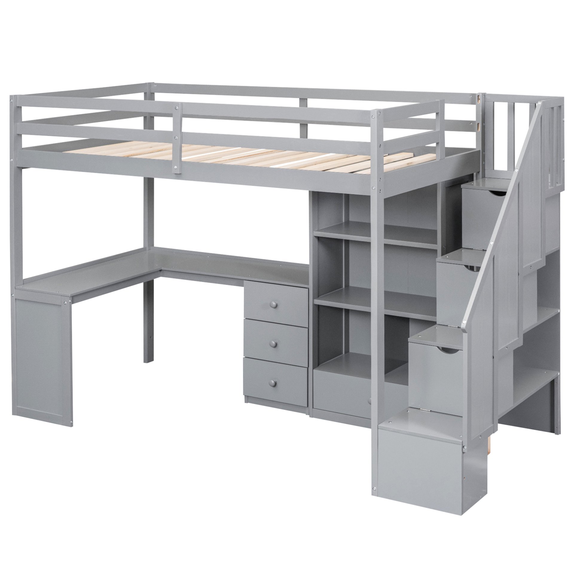 Twin Size Loft Bed With L-Shaped Desk, Drawers, Cabinet And Storage Staircase - Gray - Image 10