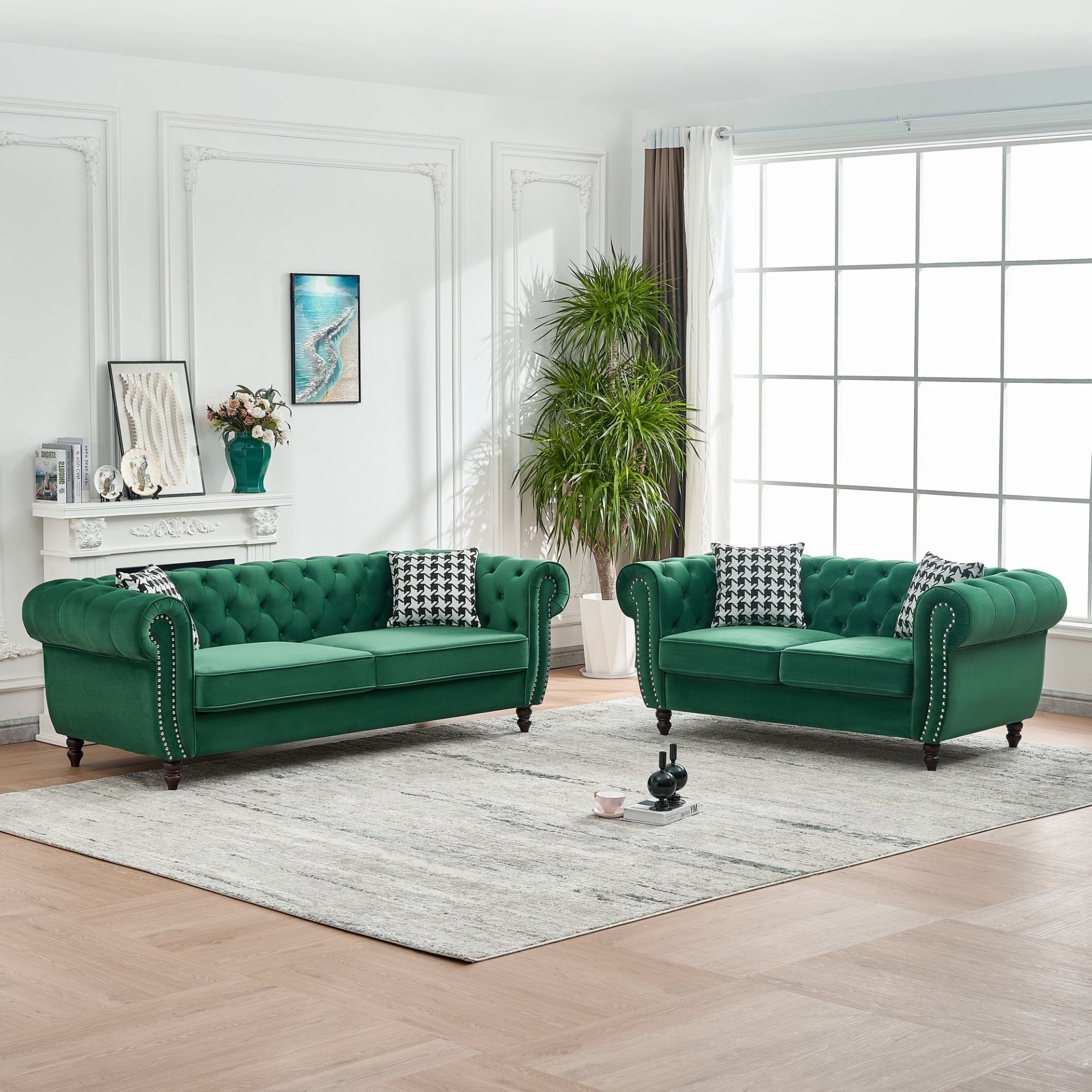Chesterfield Sofa With Roll Armrest & Nailhead, 3 And 2 Seater - Green - Image 8