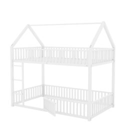Twin Over Twin House Bunk Bed, Fence And Door - White