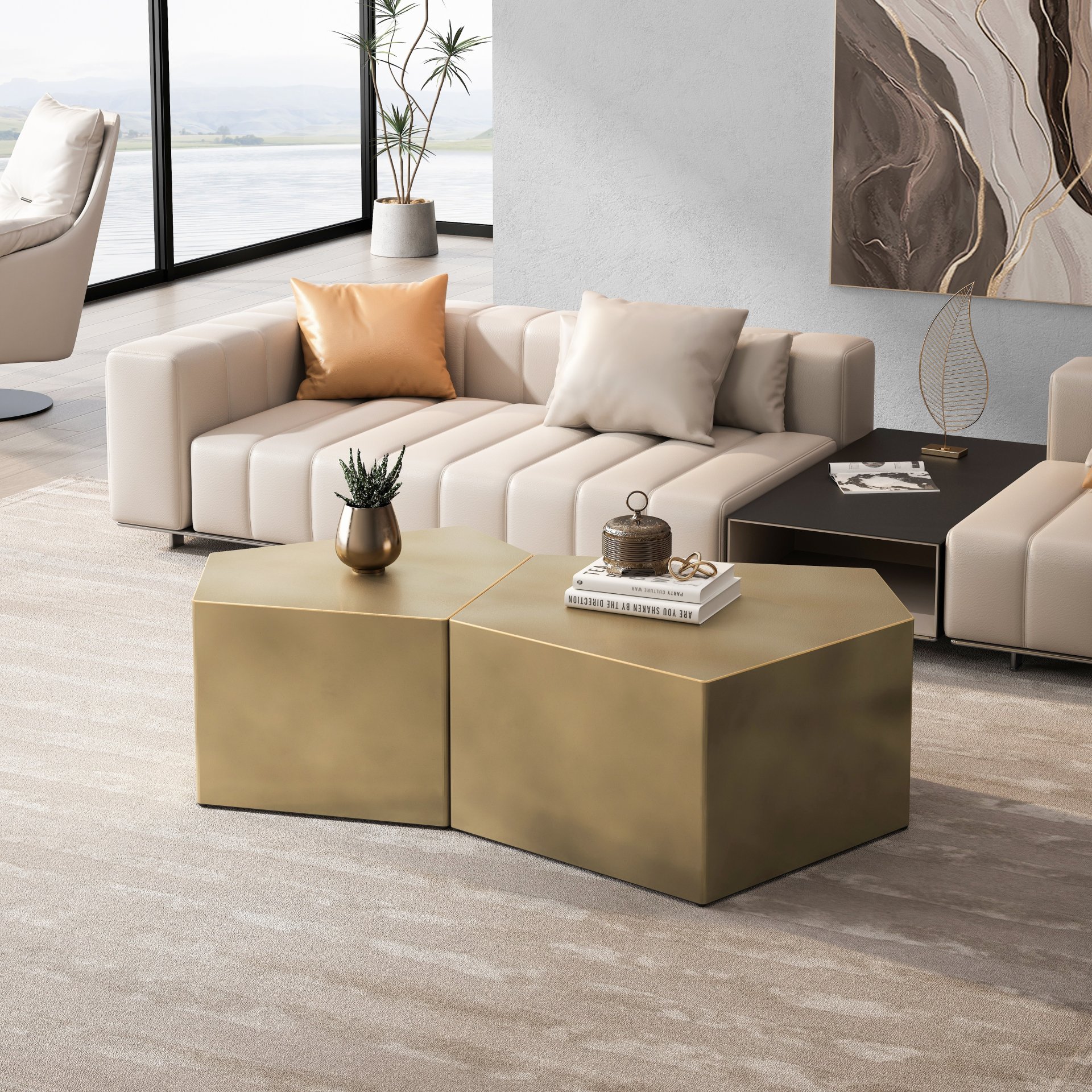 Irregular Pentagon Nesting Coffee Table Set, Geometric (Set of 2) - Antique Gold - Image 2