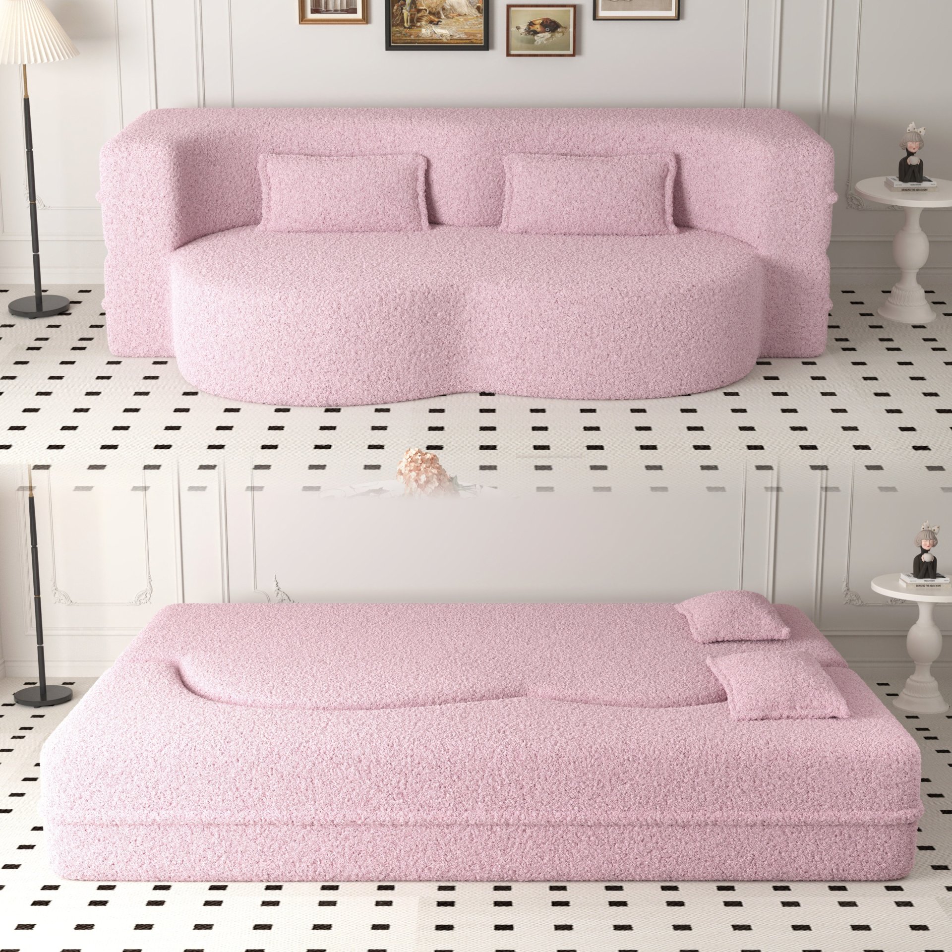 Modern Floor Sofa With 2 Pillows, Convertible Teddy Fabric Foam Filled Sleeper Sofa Bed, Full Size Folding Mattress For Living Room Guest Bed, Playroom, No Assembly Required - Pink - Image 2