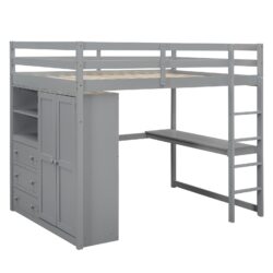 Full Size Loft Bed & Built In Wardrobe, Desk, Shelves, And Drawers - Gray