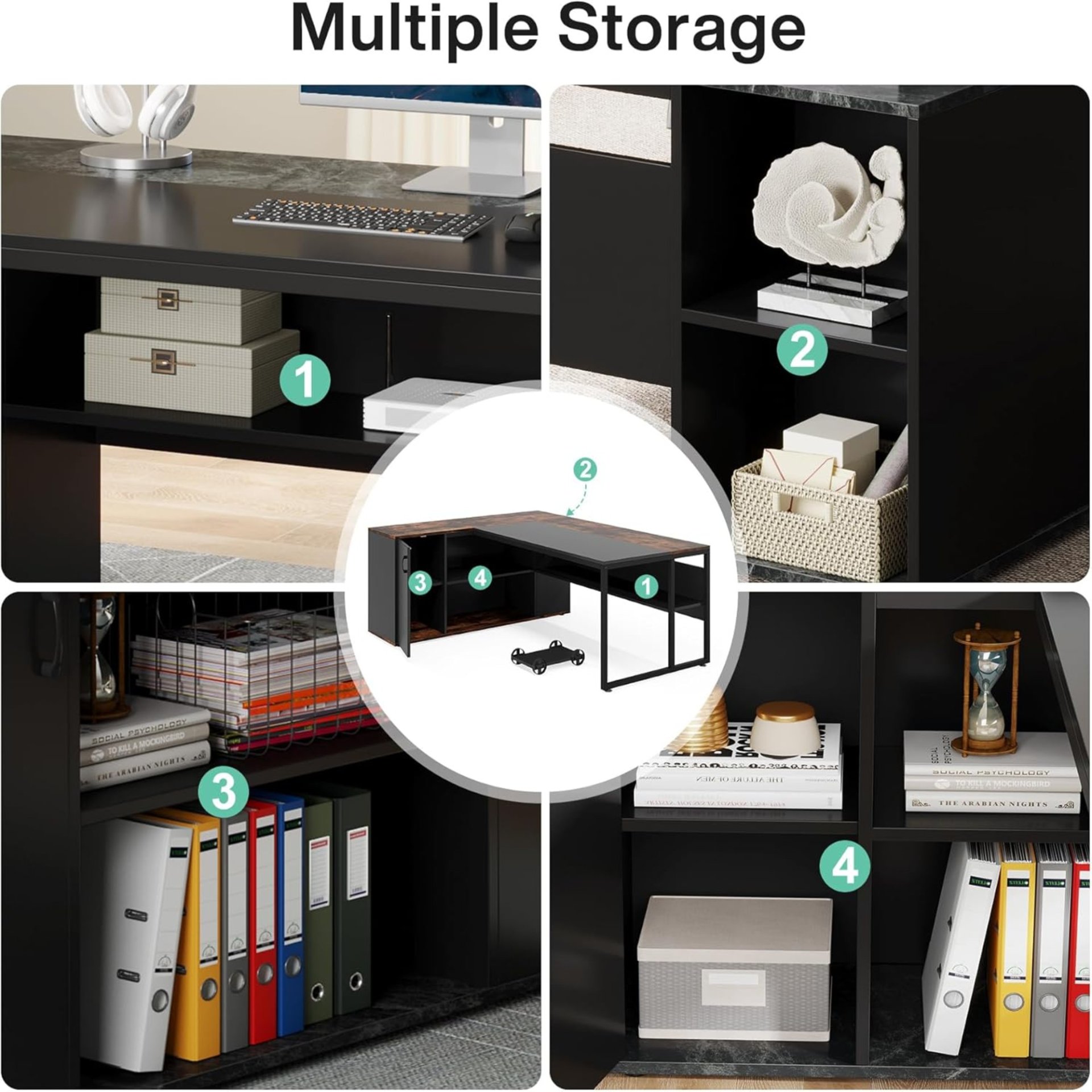 L-Shaped Executive Desk & Cabinet Storage, Office Furniture Set For Home - Gray / Black - Image 11