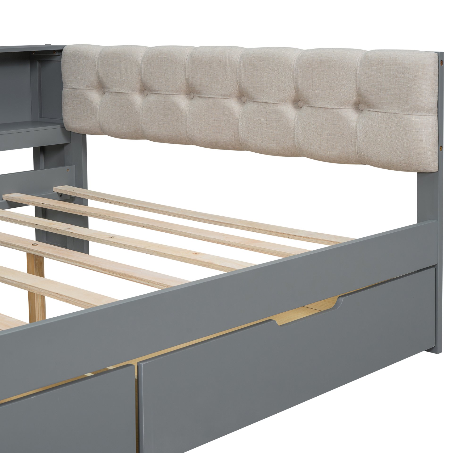 Upholstered Headboard Full Size Platform Bed With Storage Shelves, Drawers, Charging Station - Gray - Image 7