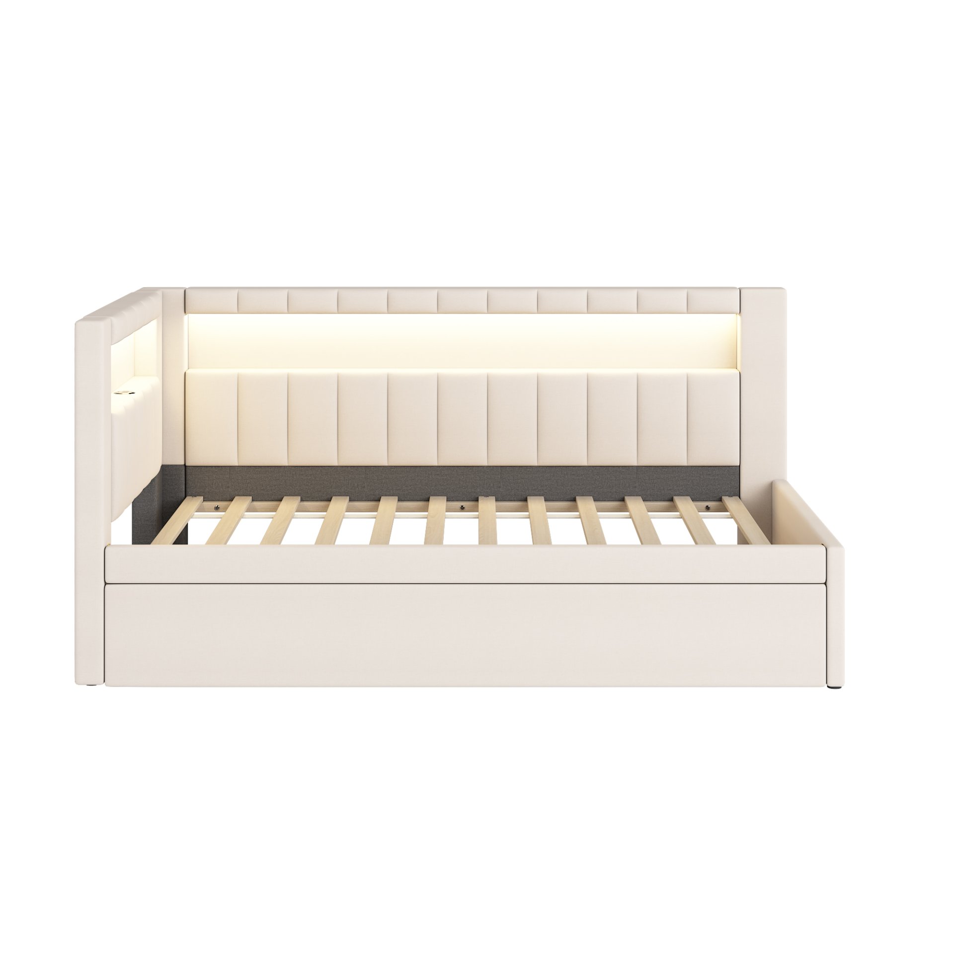 Twin Upholstered Platform Bed With USB Ports And LED Belt, Includes Trundle - White - Image 9