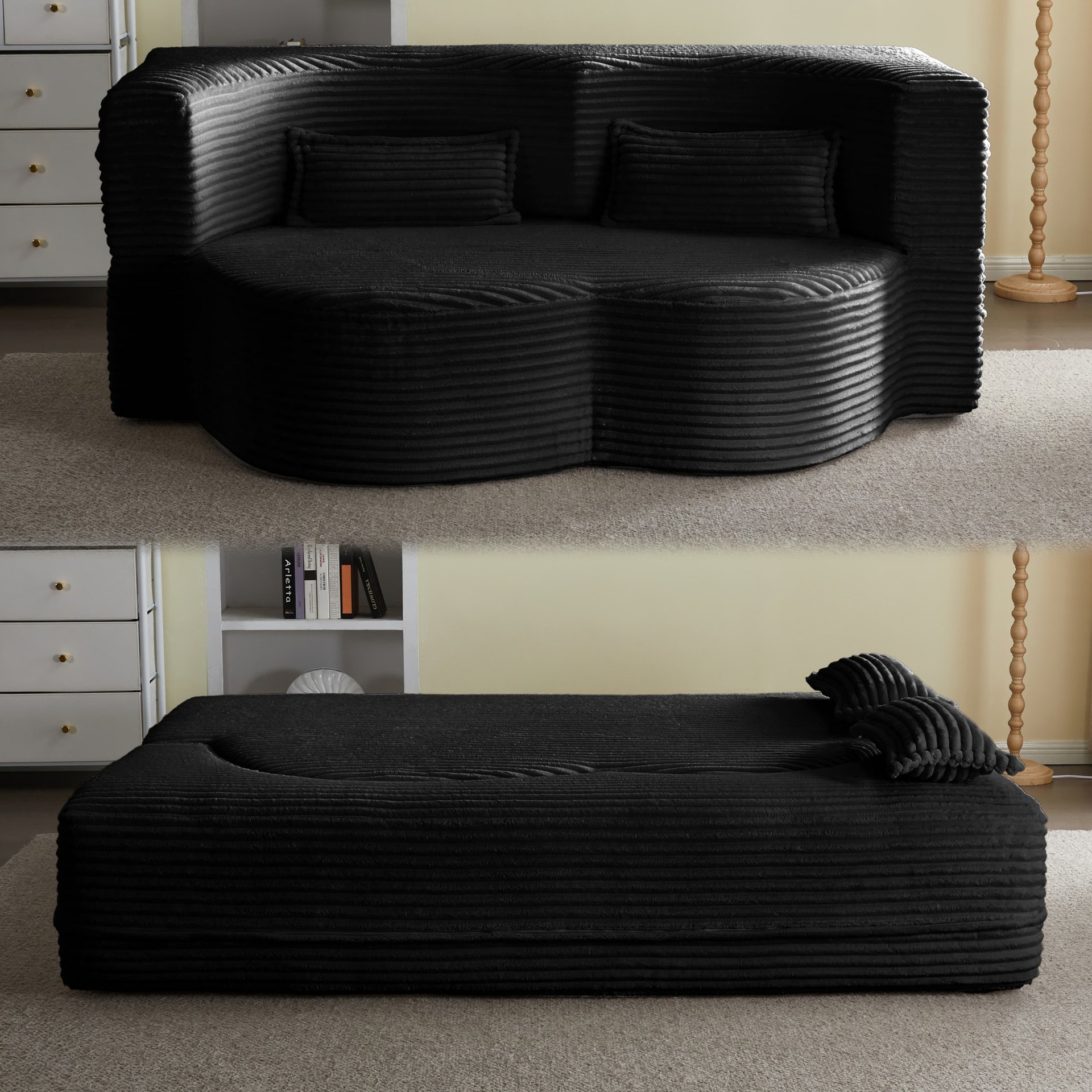 Floor Sofa With 2 Pillows, Convertible Plush Corduroy Foam Filled Sleeper Sofa Bed - Black - Image 2