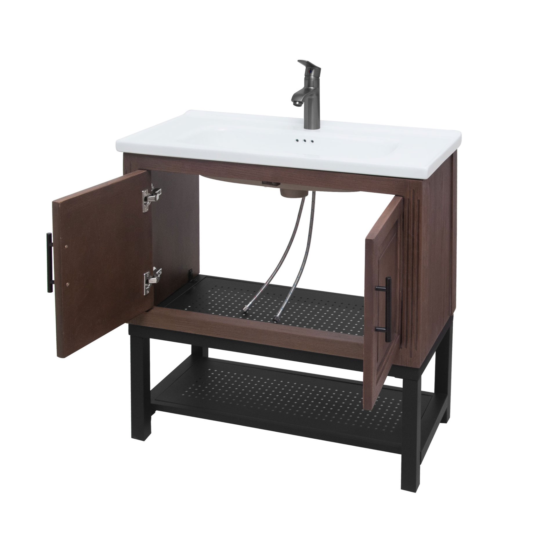 Modern Freestanding Bathroom Vanity With White Ceramic Sink, Hot And Cold Faucet, 2 Door Cabinet & Open Iron Shelf, Magnesium Oxide And Iron Frame - Walnut - Image 14