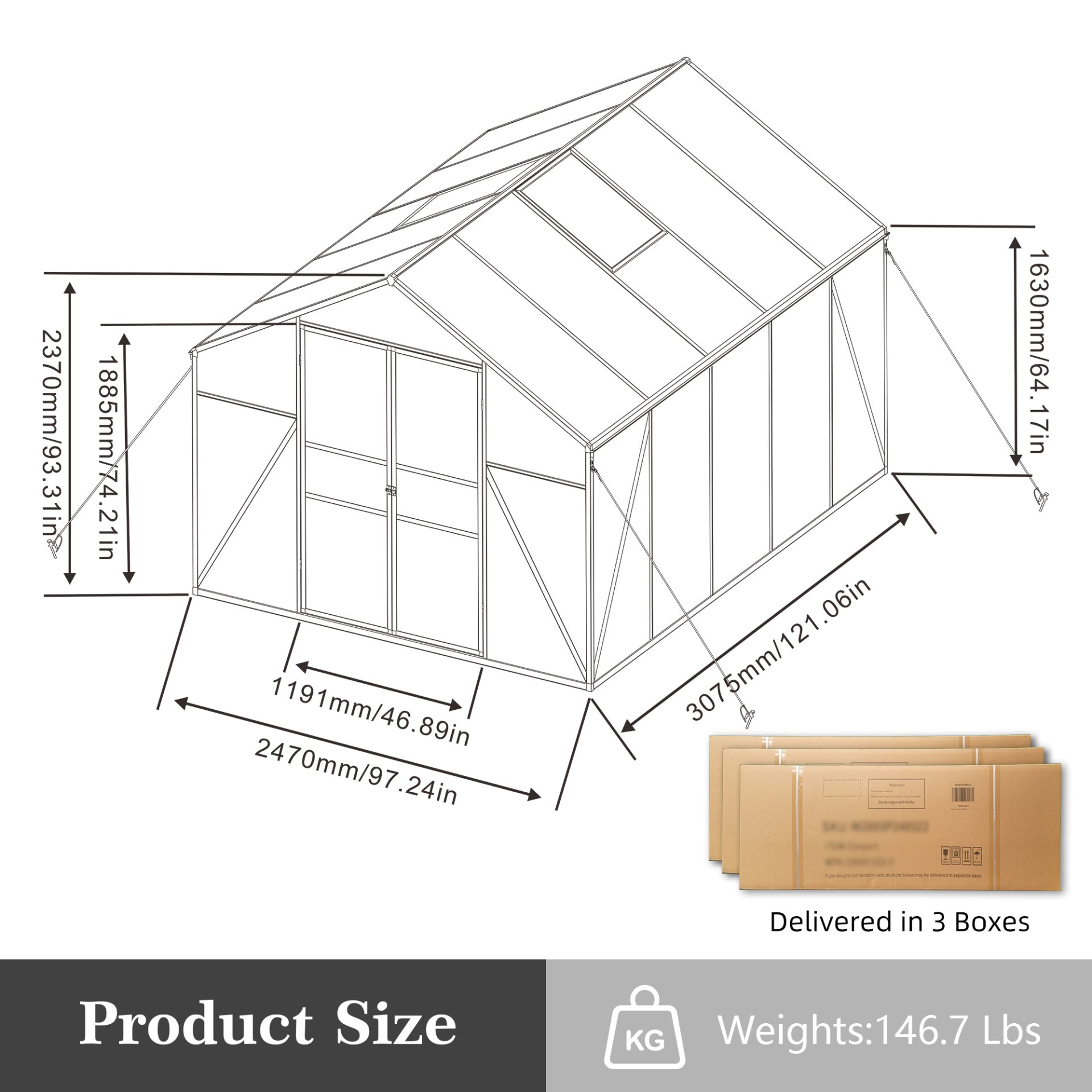 Frame Greenhouse 8 X 10 Ft Polycarbonate Heavy Duty Walk In Garden Greenhouse For Backyard In All Seasons - Black - Image 3