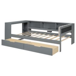 Upholstered Headboard Twin Size Platform Bed With Storage Shelves, Drawers, Charging Station - Gray