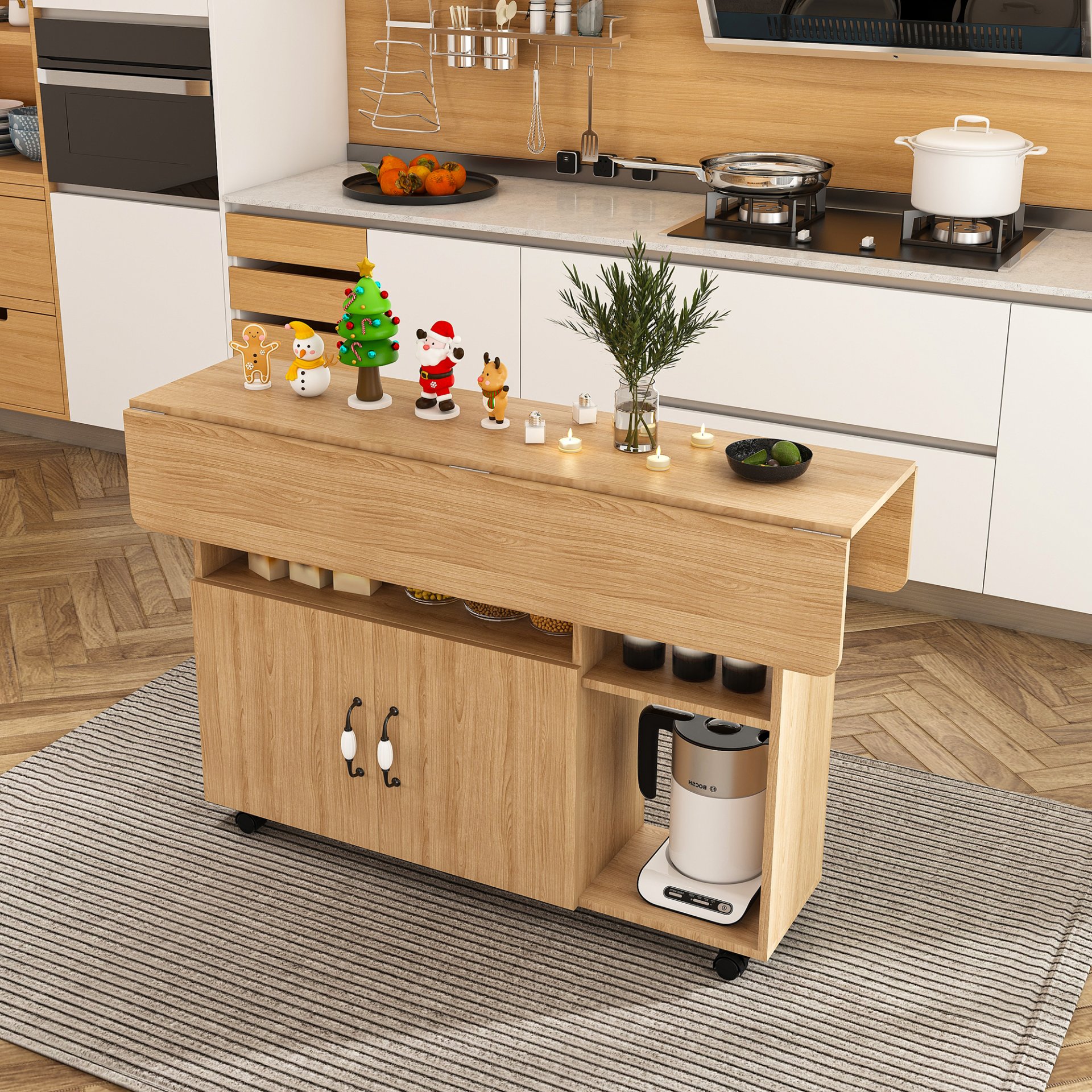 Multifunctional Folding Table With Storage Shelves And Wheels, Compact Desk For Kitchen - Walnut - Image 2