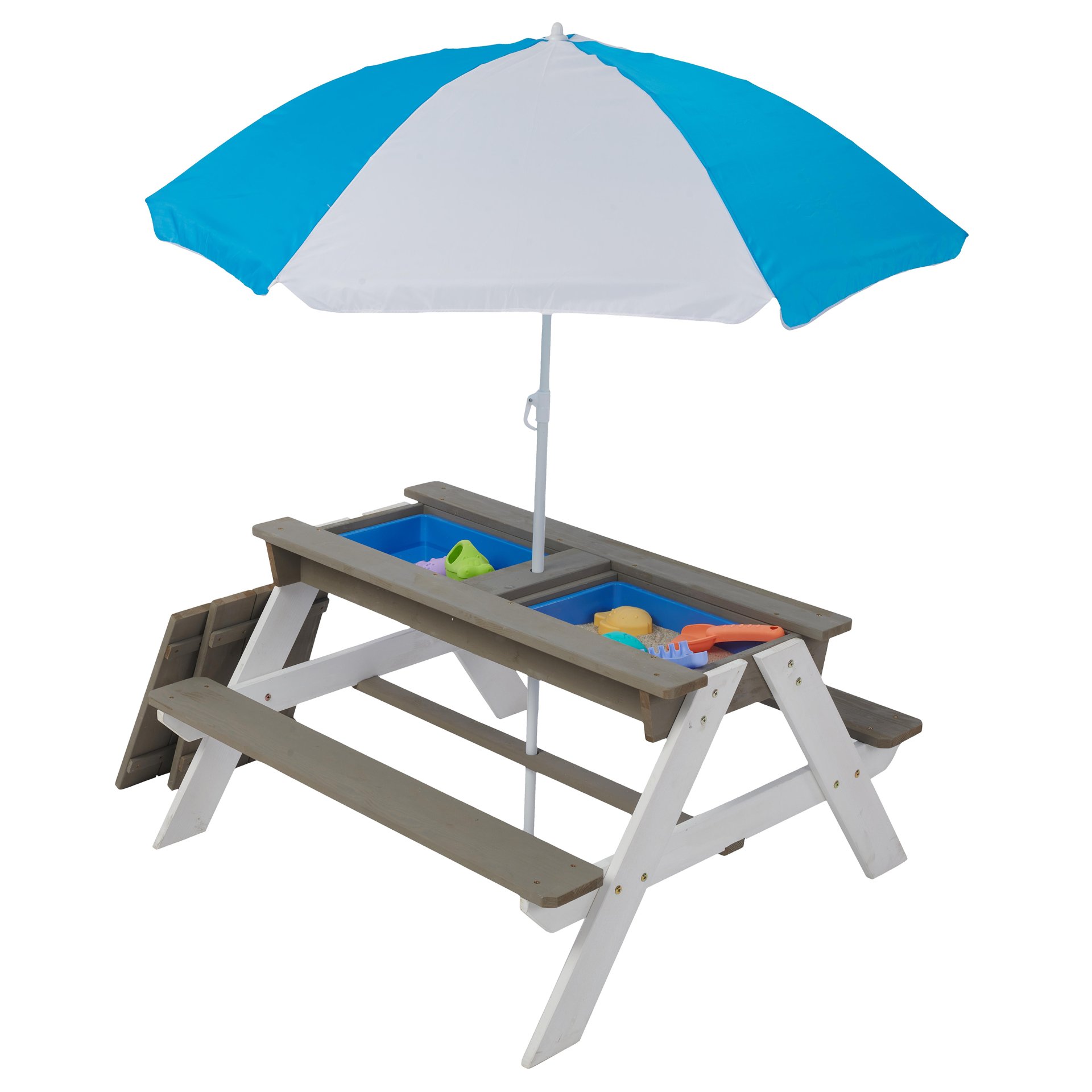 Wooden Kids Picnic Table, Sand And Water Table With Umbrella, Activity Table For Outdoor Backyard Patio Play - White / Gray - Image 10