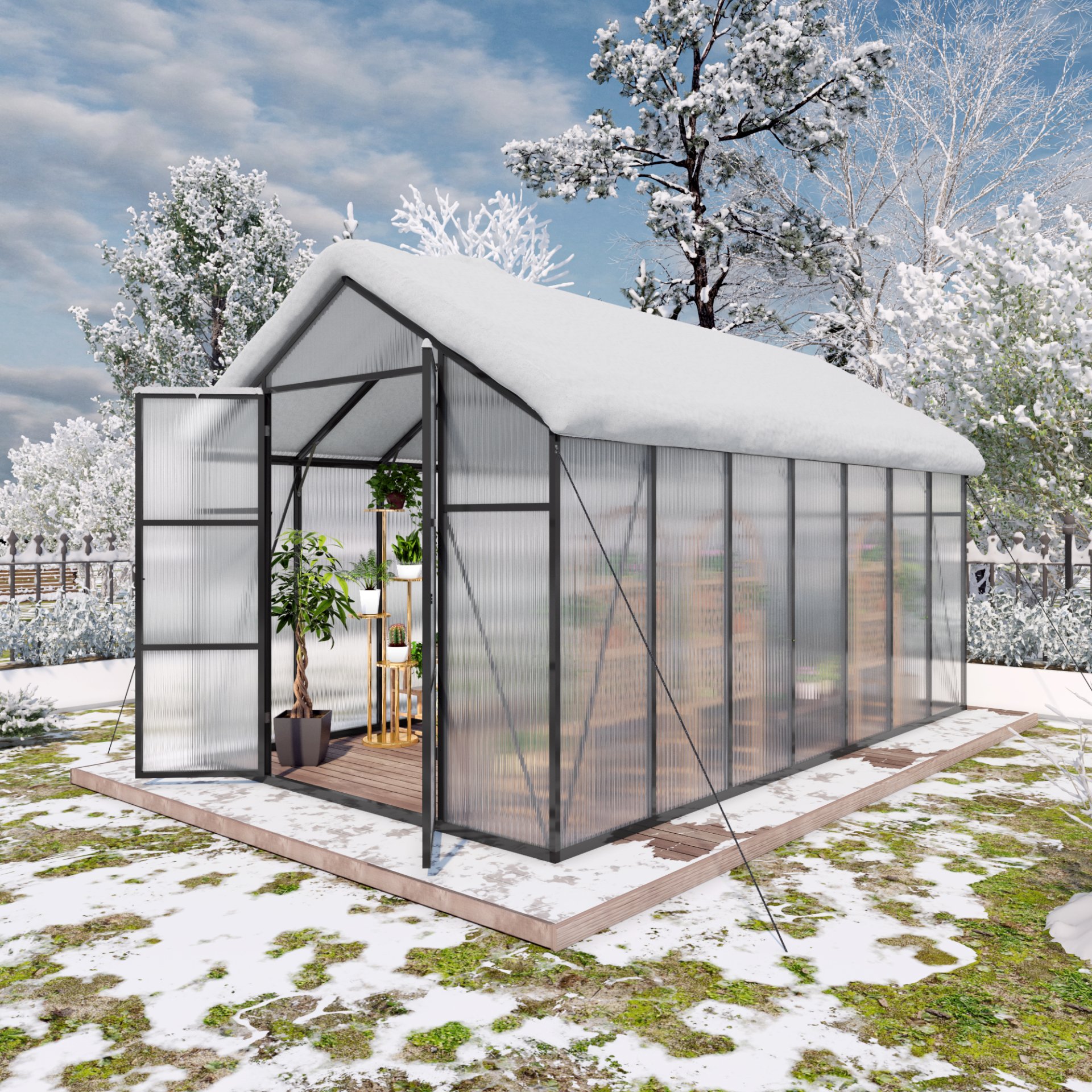 Gain Height Windproof Greenhouse 8 X 14 Ft Polycarbonate With Raised Base And Anchor Alloy Frame, All Season Outdoor Garden Shelter - Black - Image 10