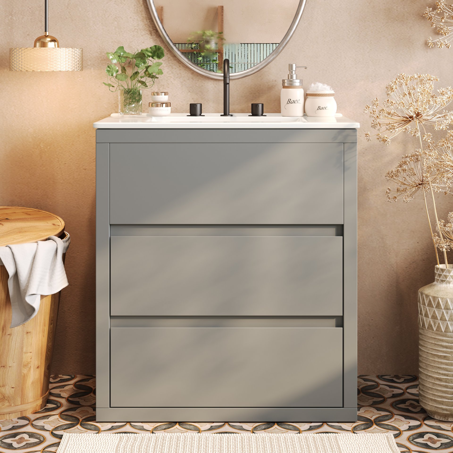 Freestanding Bathroom Vanity With Sink, 2 Full Extension Drawers, Soft Close Slides - Gray - Image 2