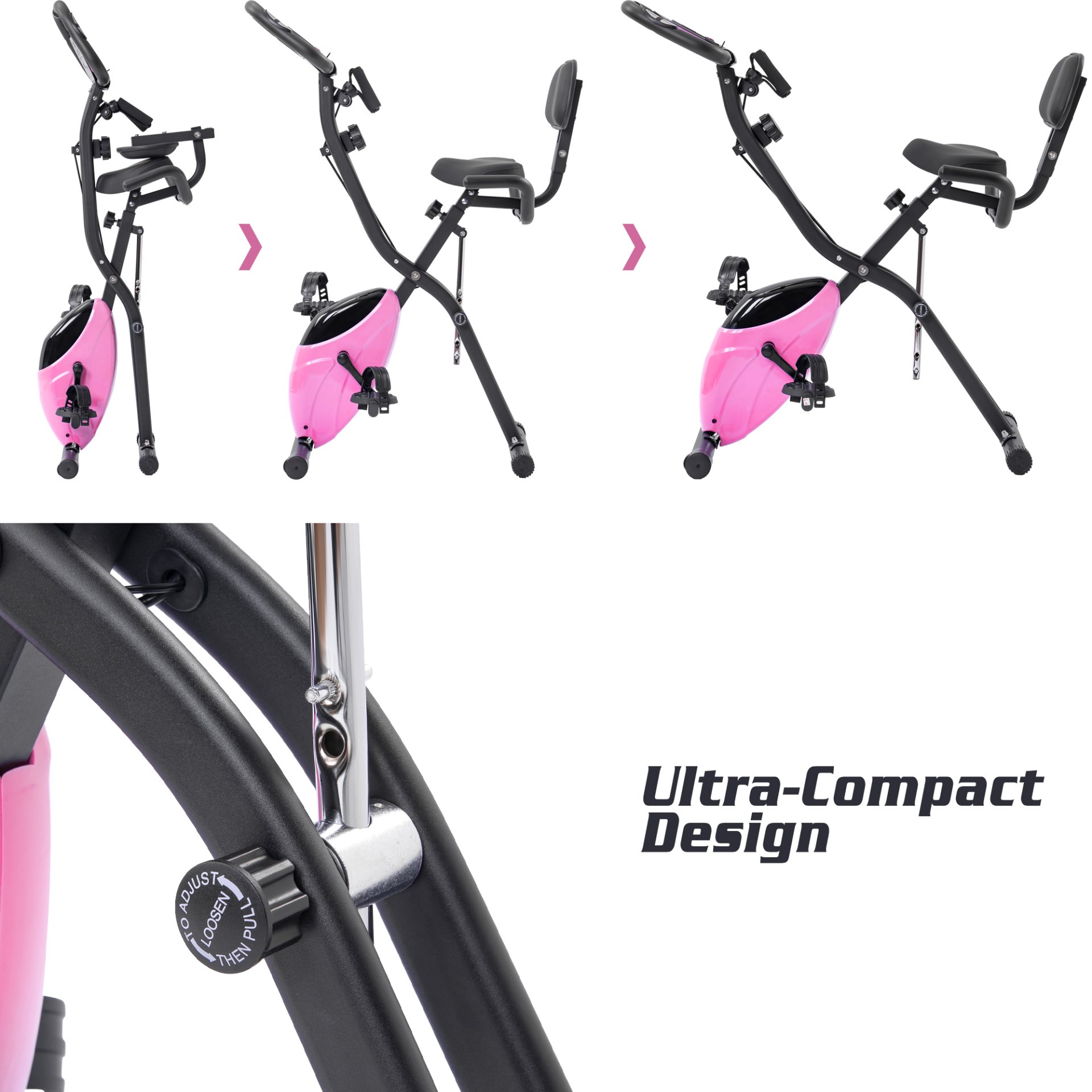 Workout Bikes, Folding Stationary For Home With 16 Level Magnetic Resistance, Indoor Exercise Equipment With Heart Rate Sensor & LCD Monitor - Pink - Image 8