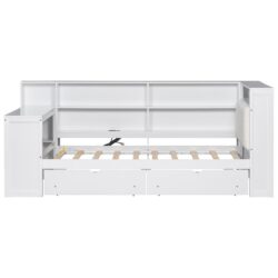 Twin Size Platform Bed With Upholstered Headboard, Storage Shelves, Drawers, Charging Station, LED Lighting, Built In Desk - Beige / White