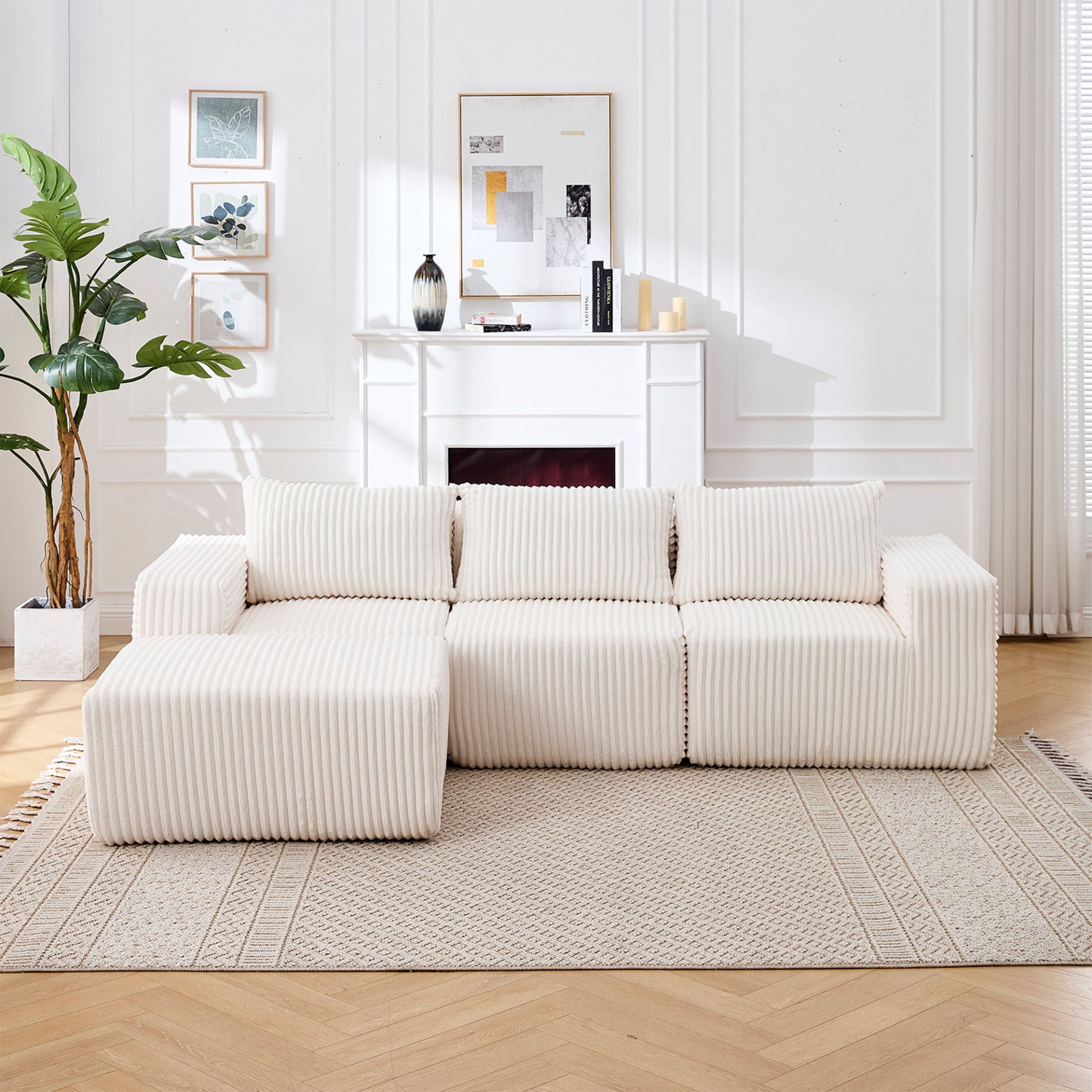 Modern Minimalist Modular Sectional Sofa, L - Shape Upholstered Cloud Couch - White - Image 2