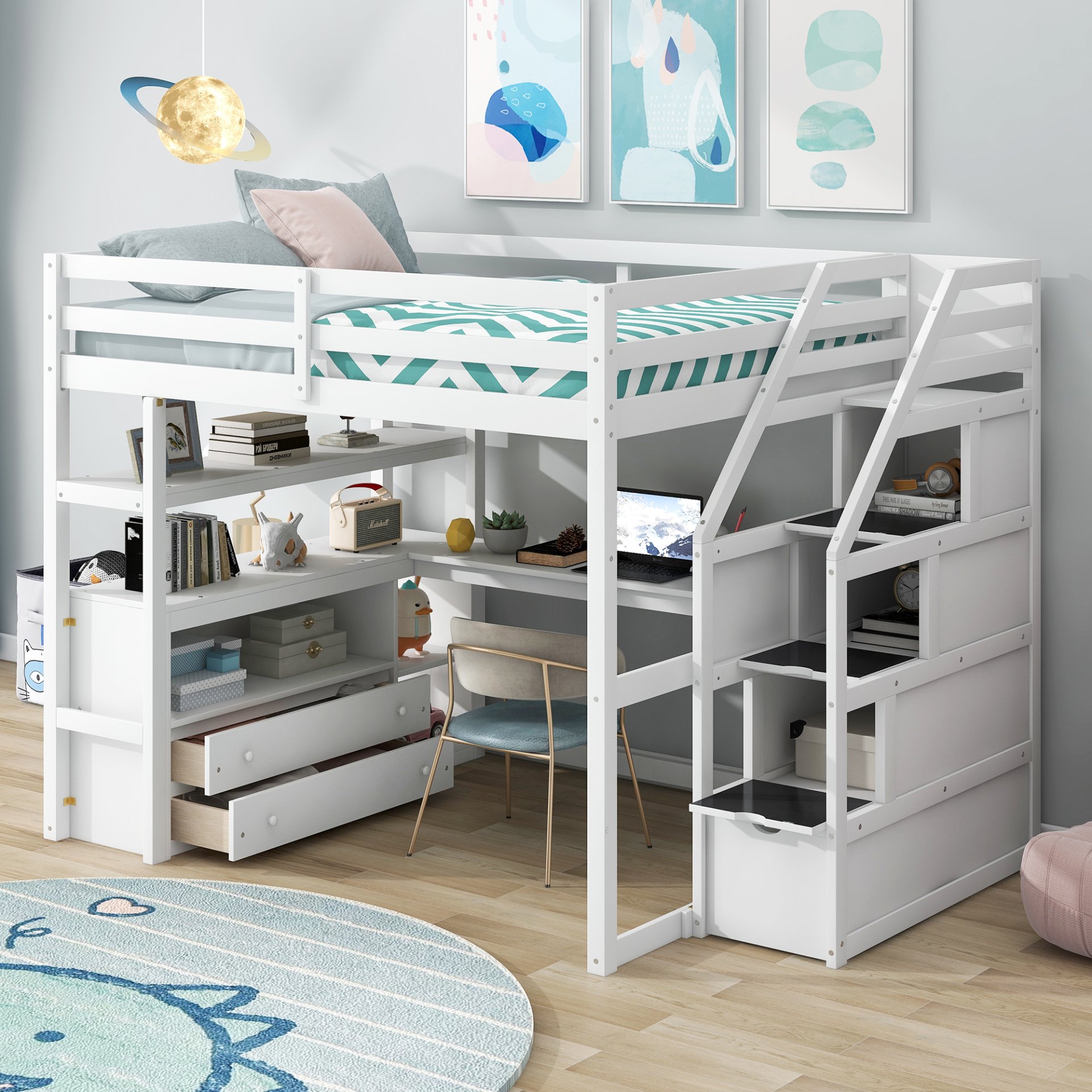 Full Size Loft Bed With Desk, Shelves, 2 Drawers, Storage Staircase - White - Image 2