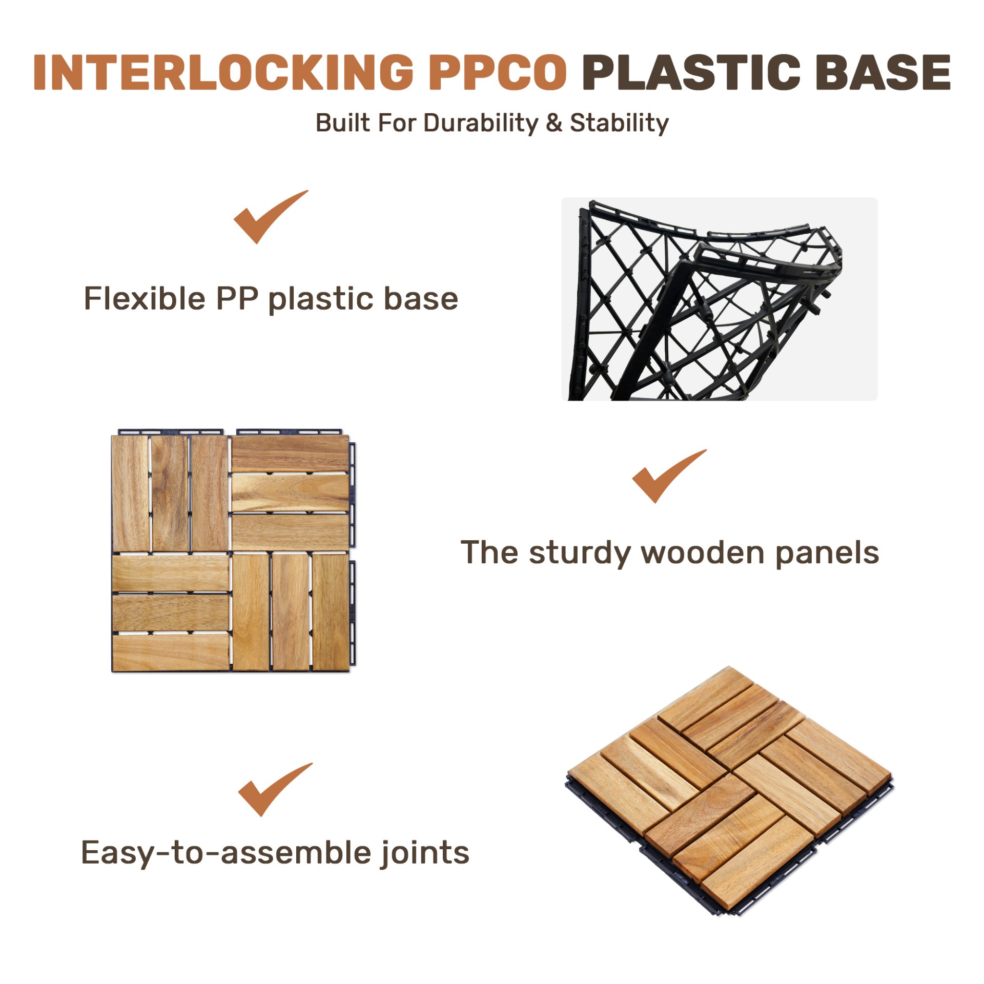 10 Piece Interlocking Deck Tiles Checker Pattern, Square Acacia Hardwood Outdoor Flooring For Patio, Bancony, Pool Side - Yellow - Image 31