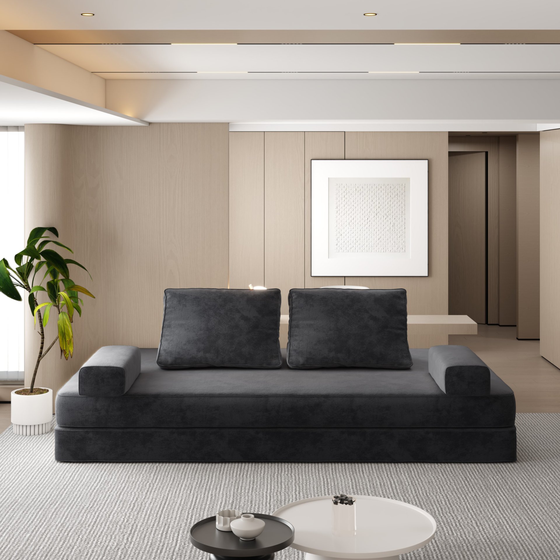 Multifunctional Convertible Sofa Bed With 2 Tumbler Backrests And 2 Pillows, Diy Modern Upholstered Couch - Dark Gray - Image 5