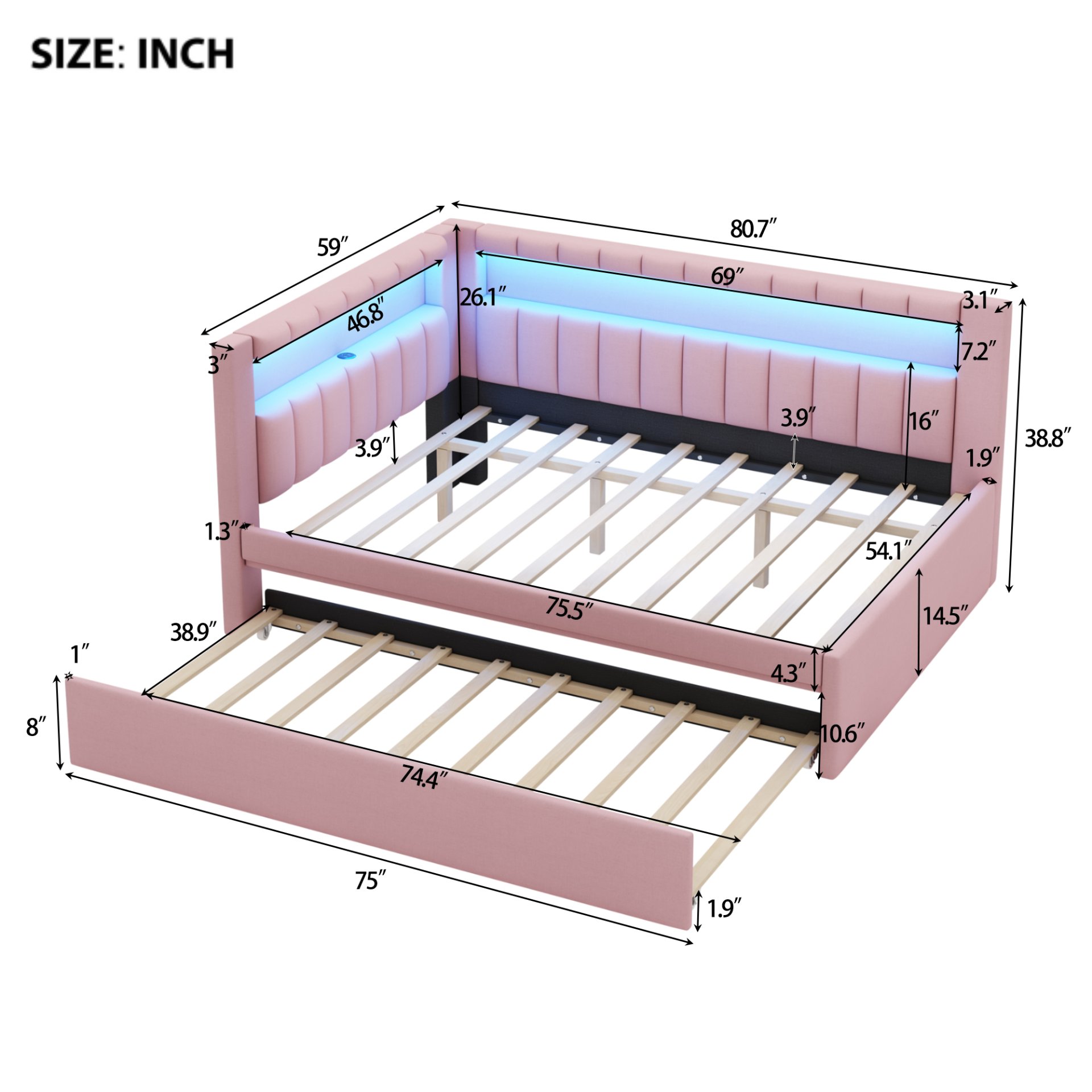 Full Size Upholstered Platform Bed With USB Ports, LED Belt And Trundle - Pink - Image 3