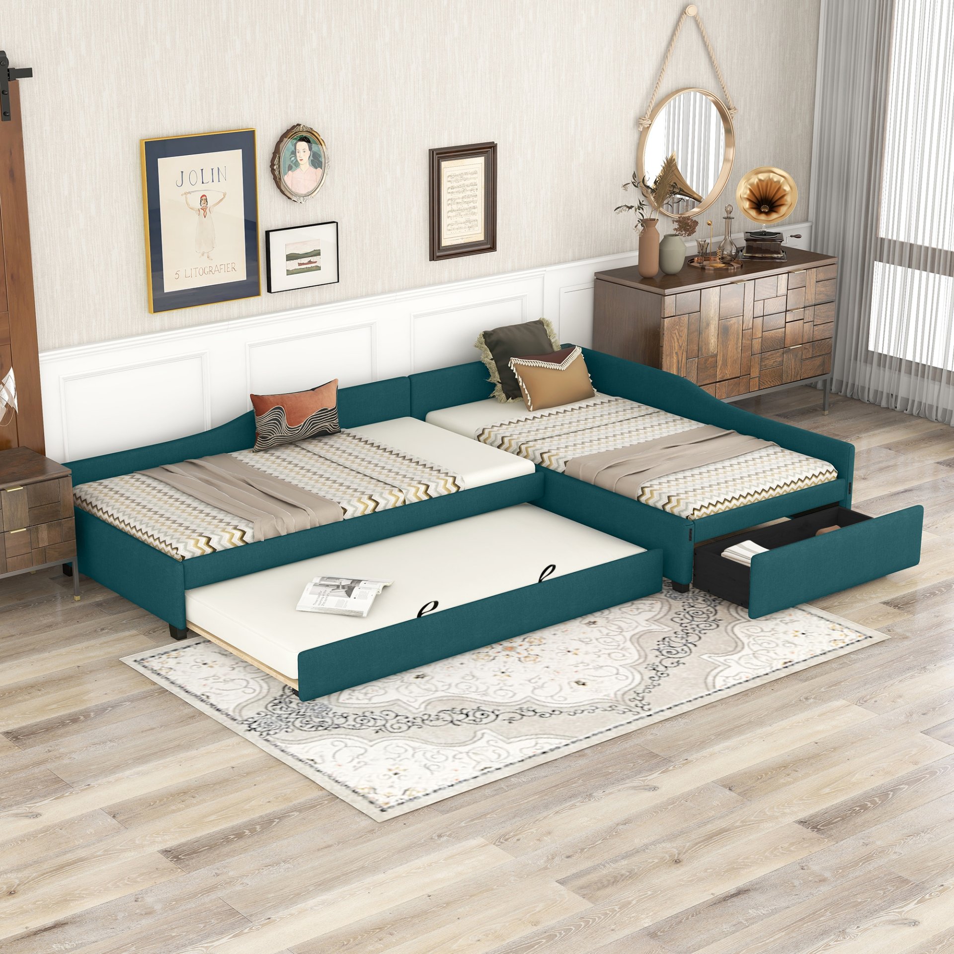 Upholstered Double Twin Daybed With Trundle And Drawer - Green - Image 2