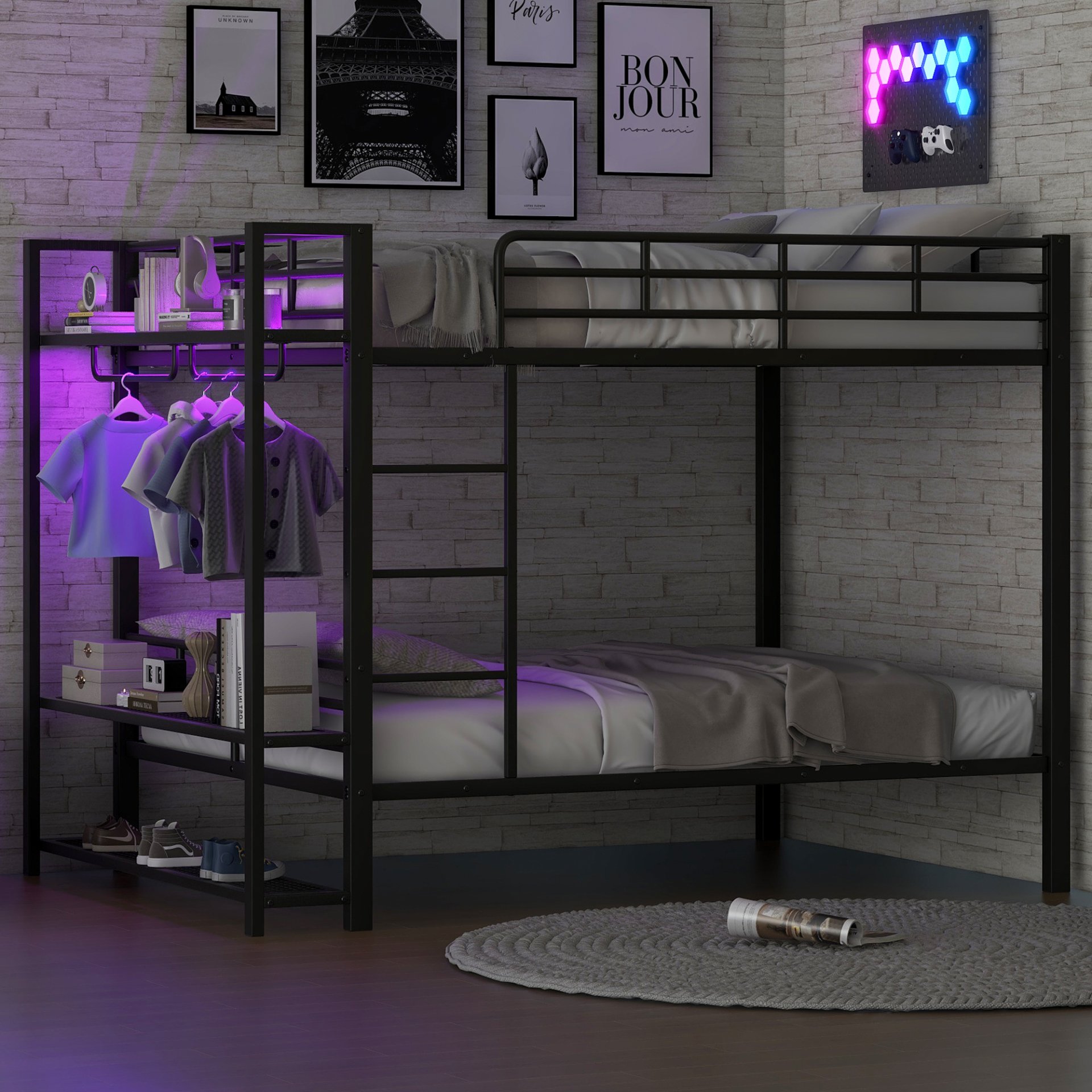 Full Size Bunk Bed With Storage Mesh Shelves, Clothes Hooks, LED Light - Black - Image 6