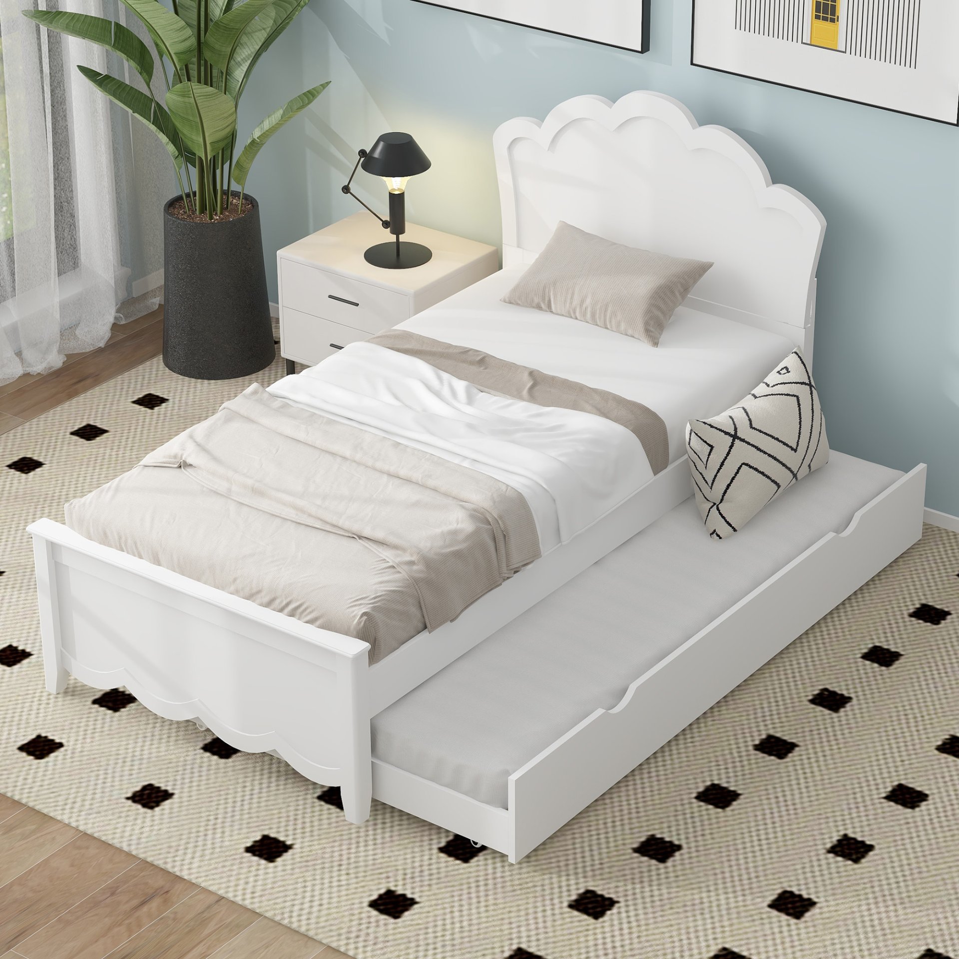 Twin Size Platform Bed With Headboard And Trundle - White - Image 4
