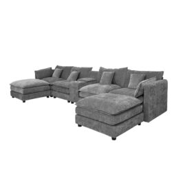 U Shaped Sectional Cloud Couch For Living Room, Fluffy Modular Sofa With Movable Ottoman 6 Seat Sectional Sofa Set With Console, Cup Holders - Gray