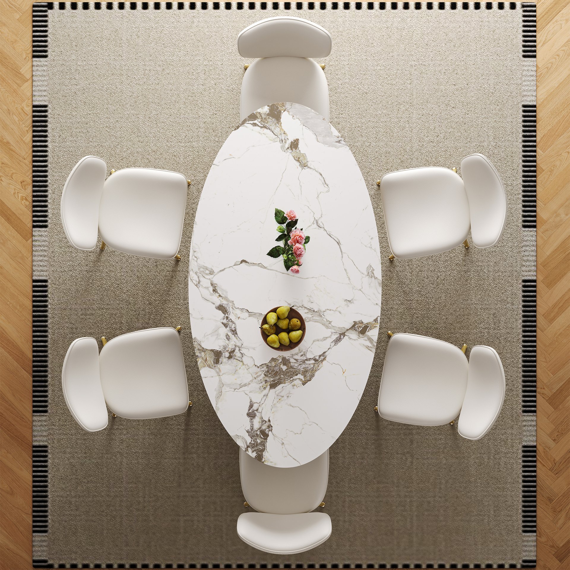 Oval Sintered Stone Dining Table With 6 Chairs - Brown / White - Image 4