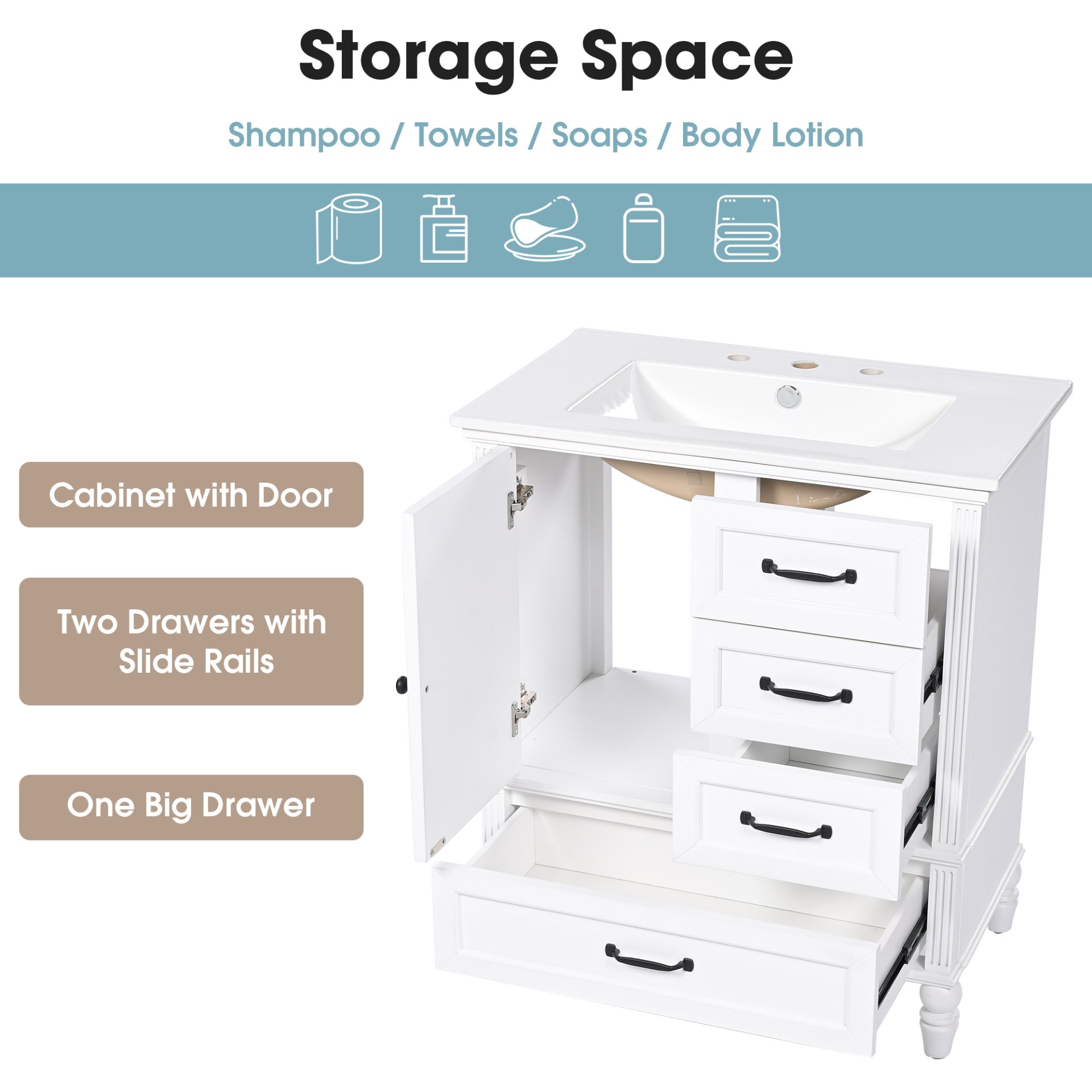 30" Bathroom Vanity With Sink, 3 Drawers, Adjustable Feet - White - Image 6