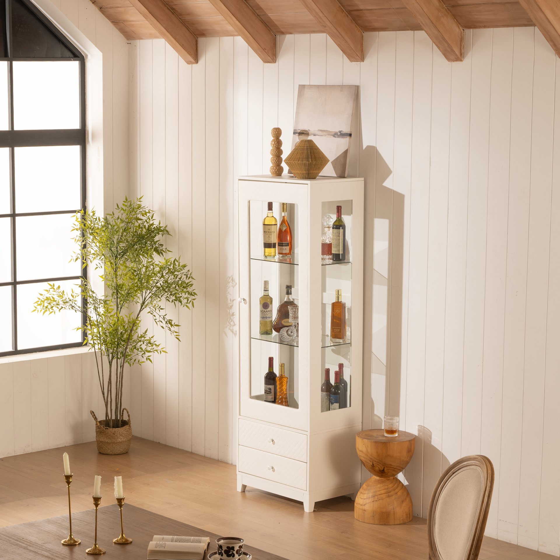 Modern Upholstered Glass Display Cabinet With Adjustable LED Light - White - Image 5