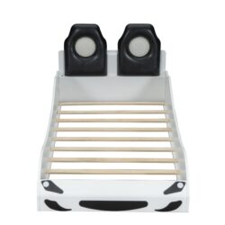 Race Car Shaped Twin Platform Bed With LED Lighting And Upholstered Backrest Construction - White