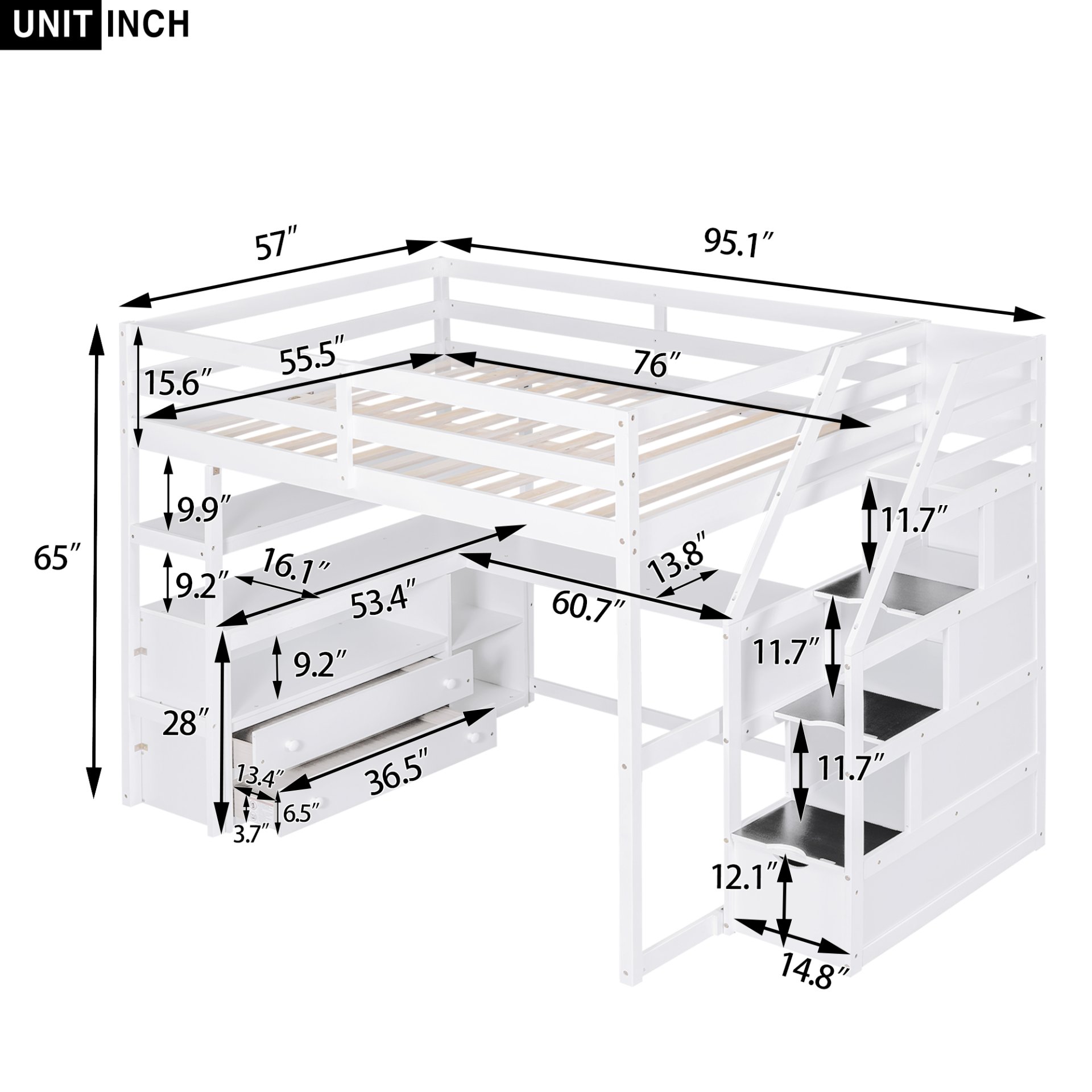 Full Size Loft Bed With Desk, Shelves, 2 Drawers, Storage Staircase - White - Image 3