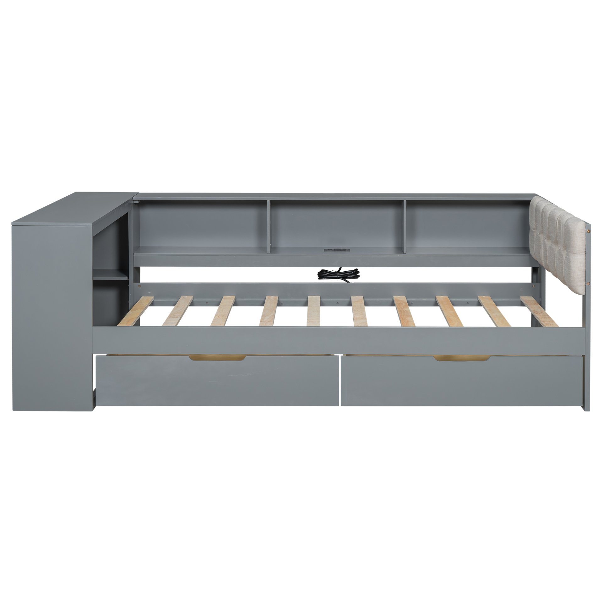 Upholstered Headboard Twin Size Platform Bed With Storage Shelves, Drawers, Charging Station - Gray - Image 9