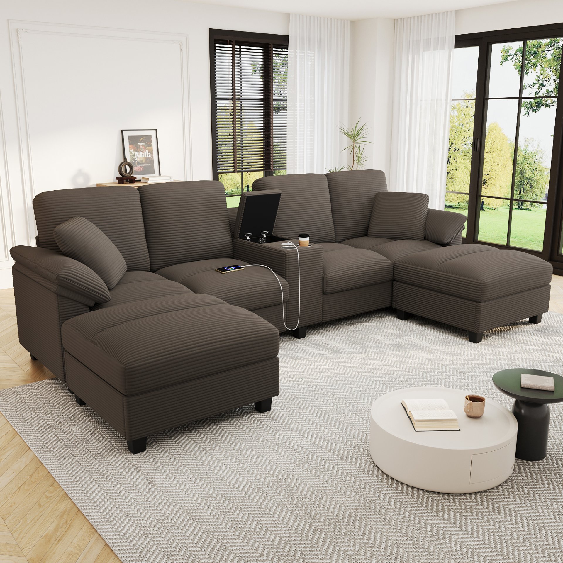 U-Shaped Sectional Sofa, Hidden Storage Ottomans, USB Ports, And Cup Holders - Brown - Image 3