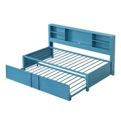 Twin Daybed With Trundle, Storage Shelves, USB Ports Frame - Blue