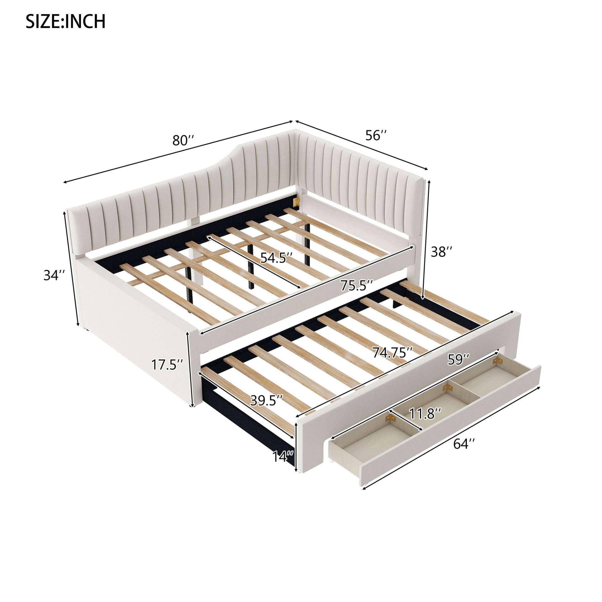 Full Size Upholstered Daybed With Trundle And 3 Drawers - Beige - Image 3